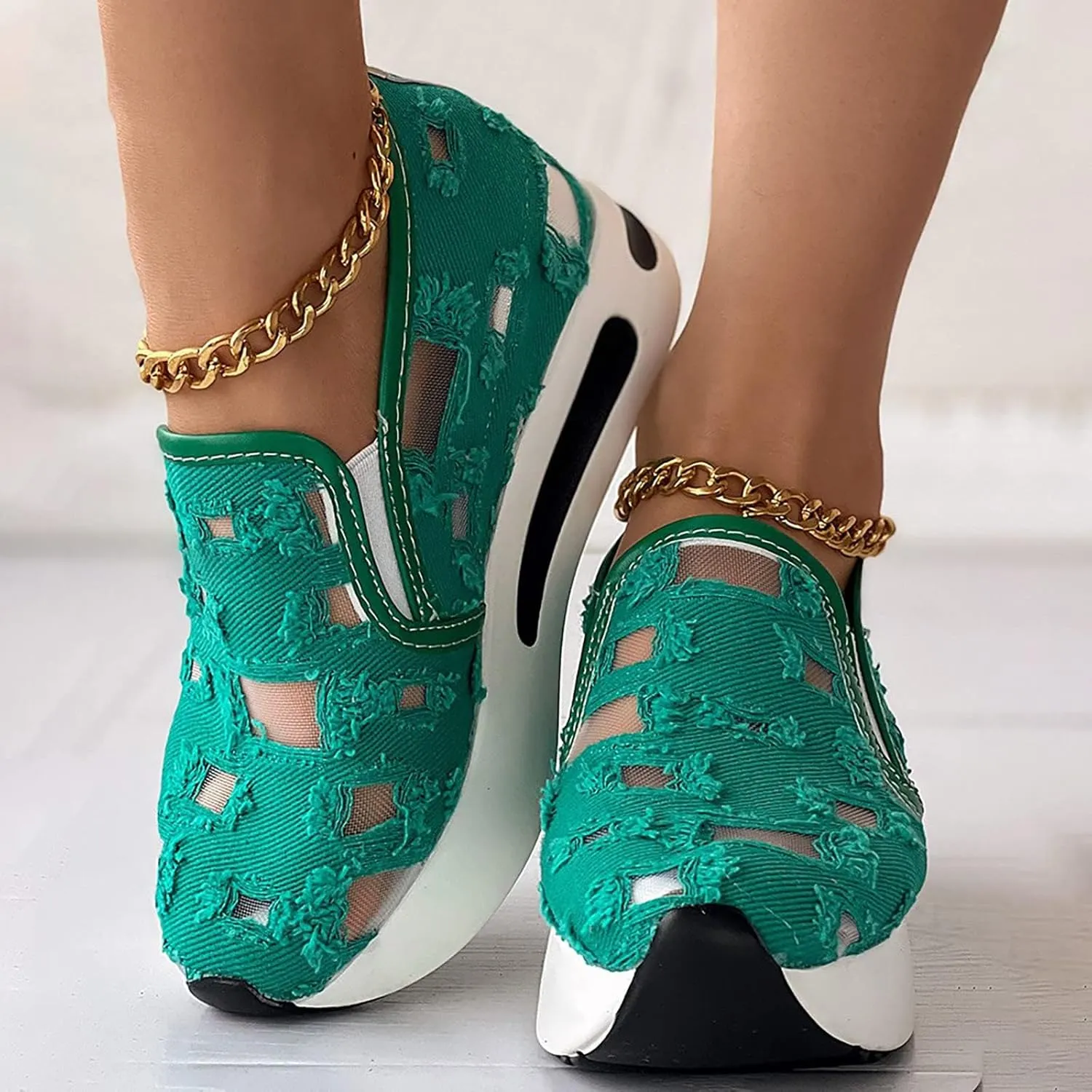 Platform Wedge Sneakers for Women Fashion Breathable Hollow Out Mesh Shoes Summer Lightweight Chunky Sole High Heels Slip on Loafers with Arch Support