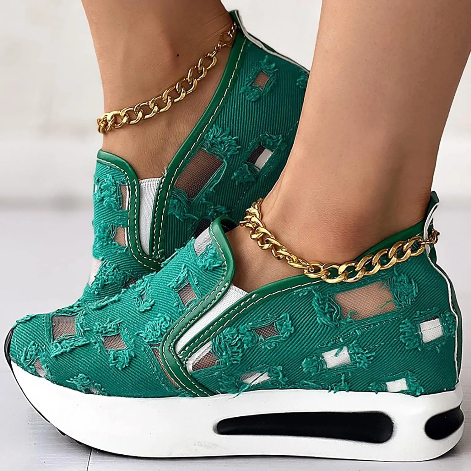 Platform Wedge Sneakers for Women Fashion Breathable Hollow Out Mesh Shoes Summer Lightweight Chunky Sole High Heels Slip on Loafers with Arch Support