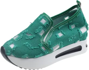Platform Wedge Sneakers for Women Fashion Breathable Hollow Out Mesh Shoes Summer Lightweight Chunky Sole High Heels Slip on Loafers with Arch Support