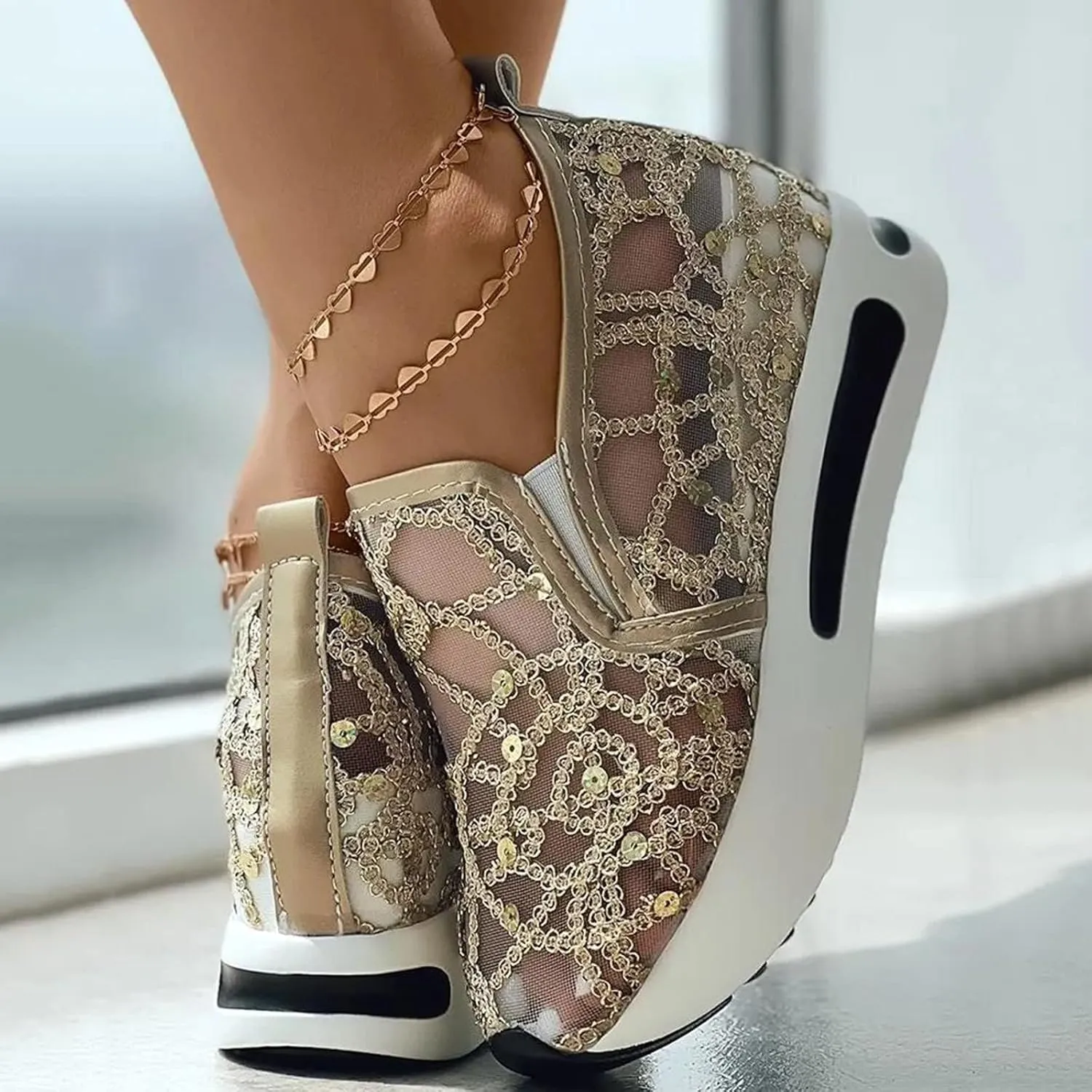 Platform Wedge Sneakers for Women Lightweight Breathable Embroidery Floral Mesh Hollow Out Walking Shoes Summer Comfortable Chunky Sole Hidden High Heels Slip On Loafers