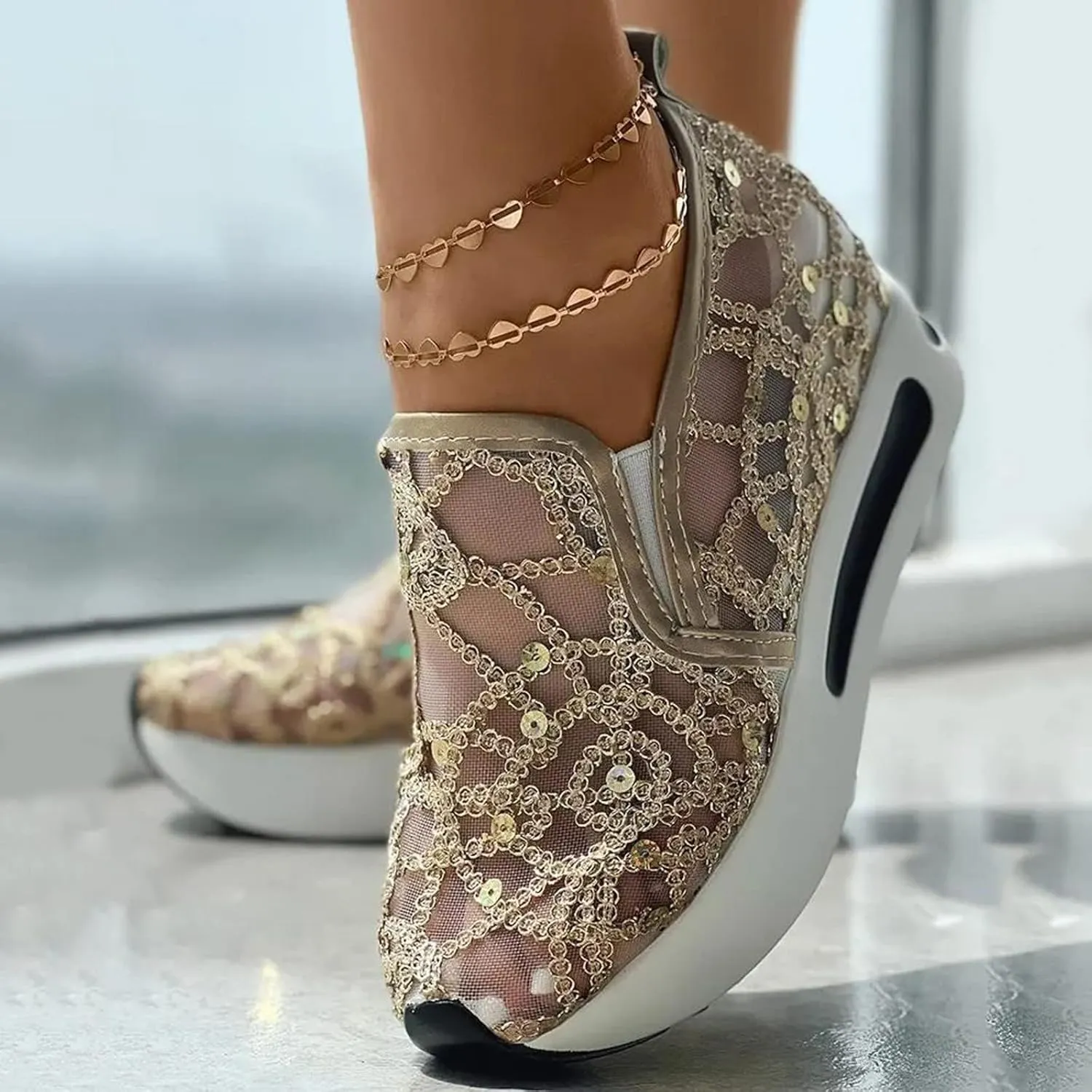 Platform Wedge Sneakers for Women Lightweight Breathable Embroidery Floral Mesh Hollow Out Walking Shoes Summer Comfortable Chunky Sole Hidden High Heels Slip On Loafers