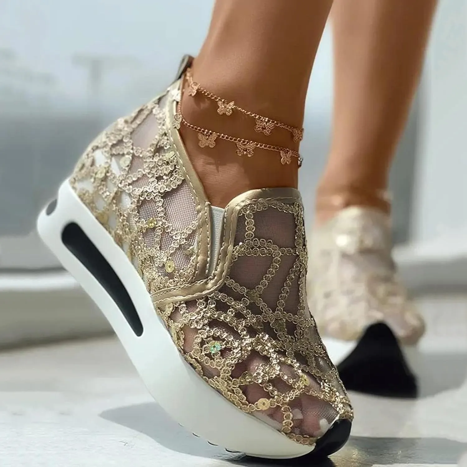 Platform Wedge Sneakers for Women Lightweight Breathable Embroidery Floral Mesh Hollow Out Walking Shoes Summer Comfortable Chunky Sole Hidden High Heels Slip On Loafers