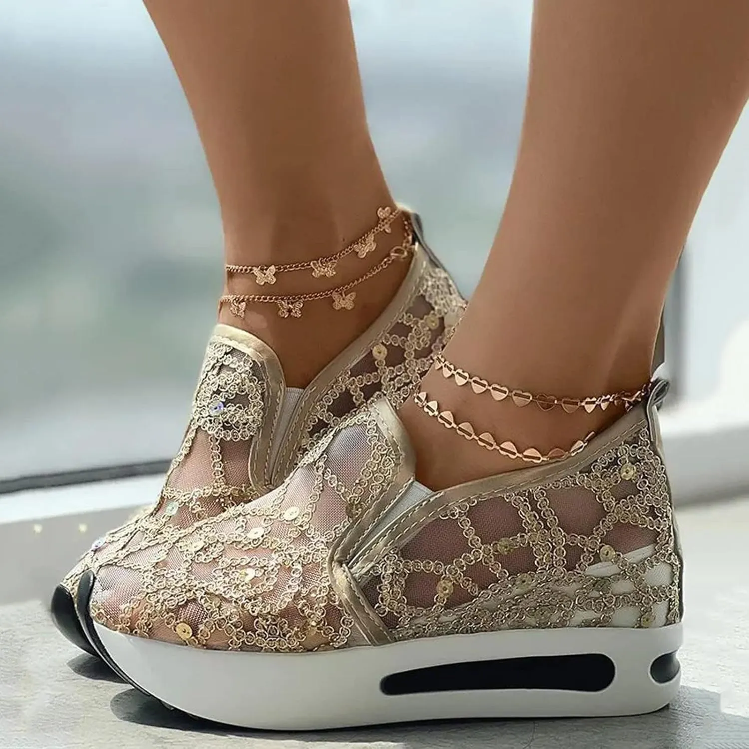Platform Wedge Sneakers for Women Lightweight Breathable Embroidery Floral Mesh Hollow Out Walking Shoes Summer Comfortable Chunky Sole Hidden High Heels Slip On Loafers