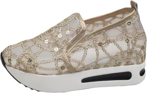 Platform Wedge Sneakers for Women Lightweight Breathable Embroidery Floral Mesh Hollow Out Walking Shoes Summer Comfortable Chunky Sole Hidden High Heels Slip On Loafers