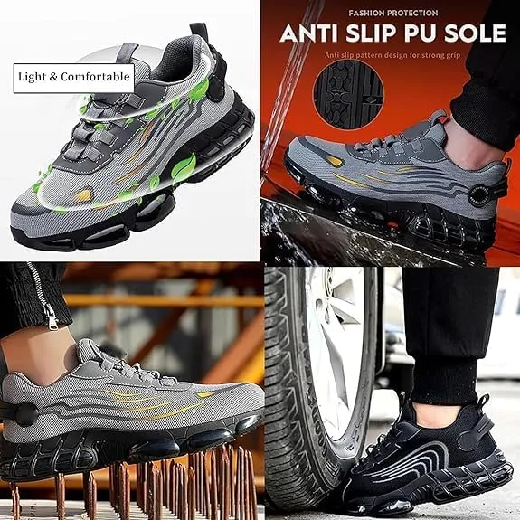 Prestivos Steel Toe Shoes, Evontiras Men Steel Toe Shoes Power Trainers, Comfortable Lightweight Puncture Proof Slip On Indestructible Sneakers Height Safety Work Sneakers Men