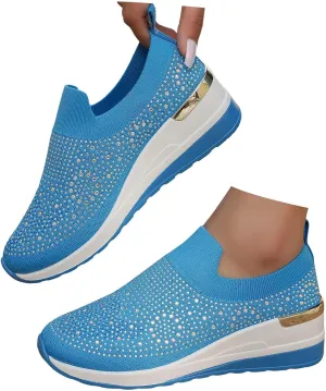 Rhinestone Sneakers for Women 2025,Women's Rhinestone Mesh Slip-On Walking Shoes Fashion Breathable Spakle Glitter Sneaker Orthopedic Wedge Lightweight Shoes Sparkly Bling Loafer