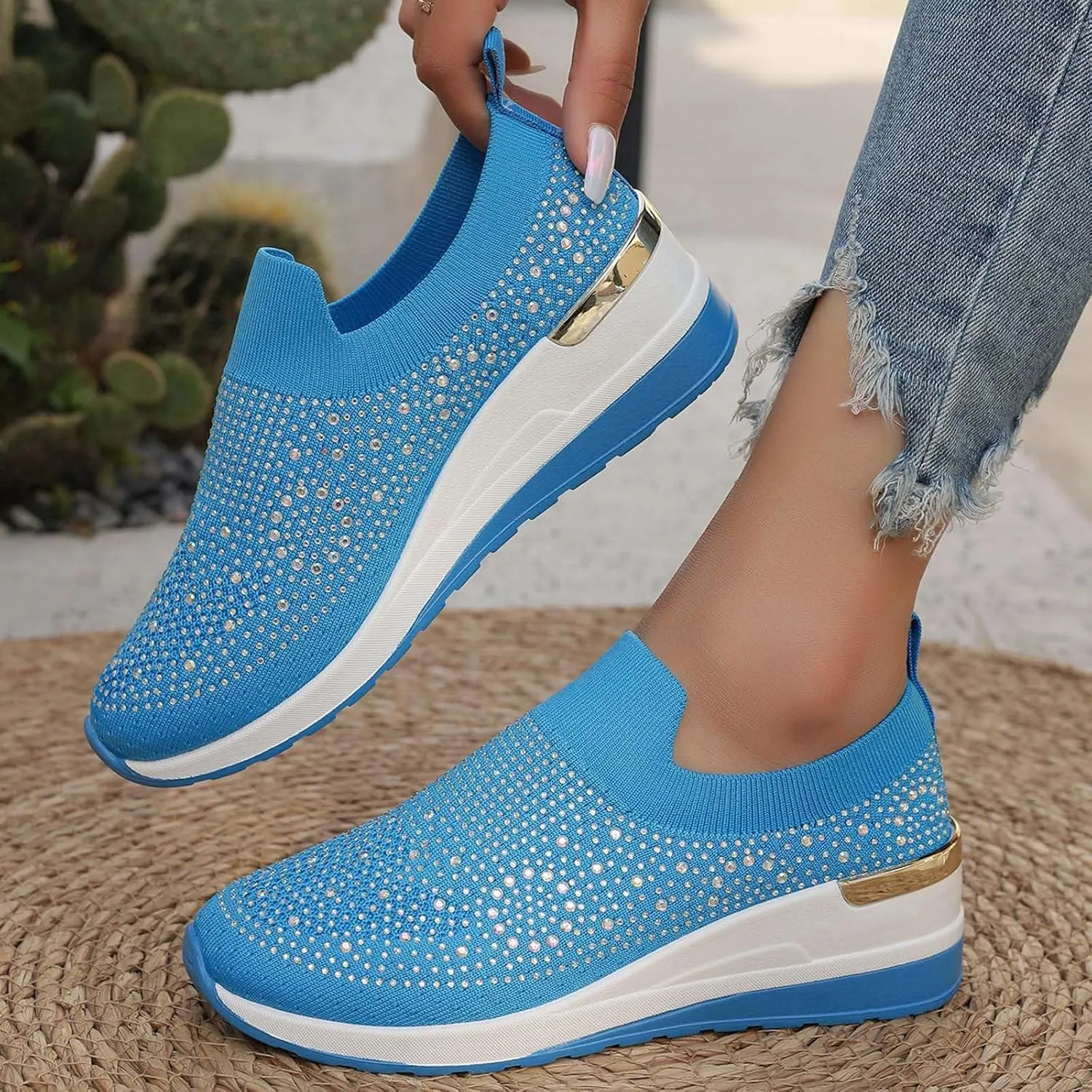 Rhinestone Sneakers for Women 2025,Women's Rhinestone Mesh Slip-On Walking Shoes Fashion Breathable Spakle Glitter Sneaker Orthopedic Wedge Lightweight Shoes Sparkly Bling Loafer