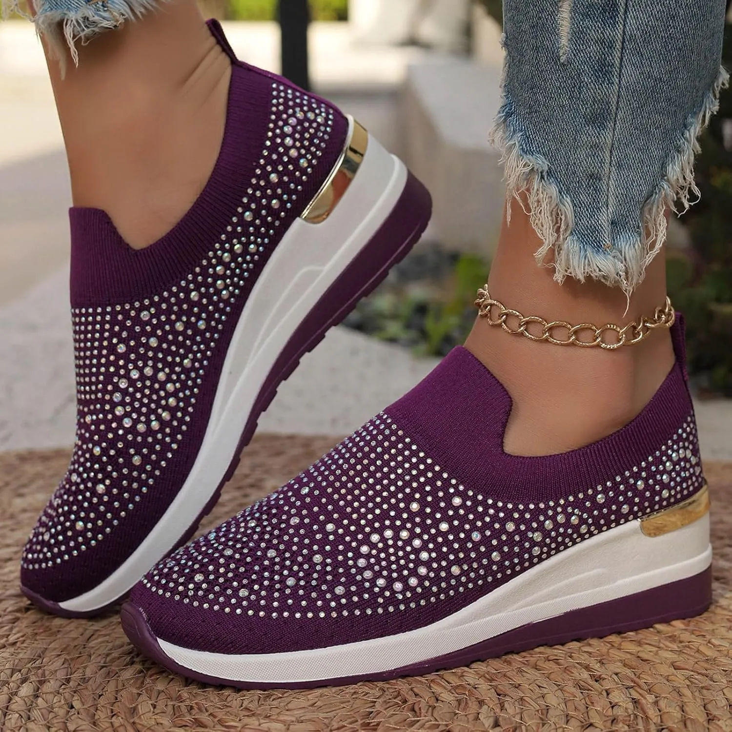Rhinestone Sneakers for Women 2025,Women's Rhinestone Mesh Slip-On Walking Shoes Fashion Breathable Spakle Glitter Sneaker Orthopedic Wedge Lightweight Shoes Sparkly Bling Loafer