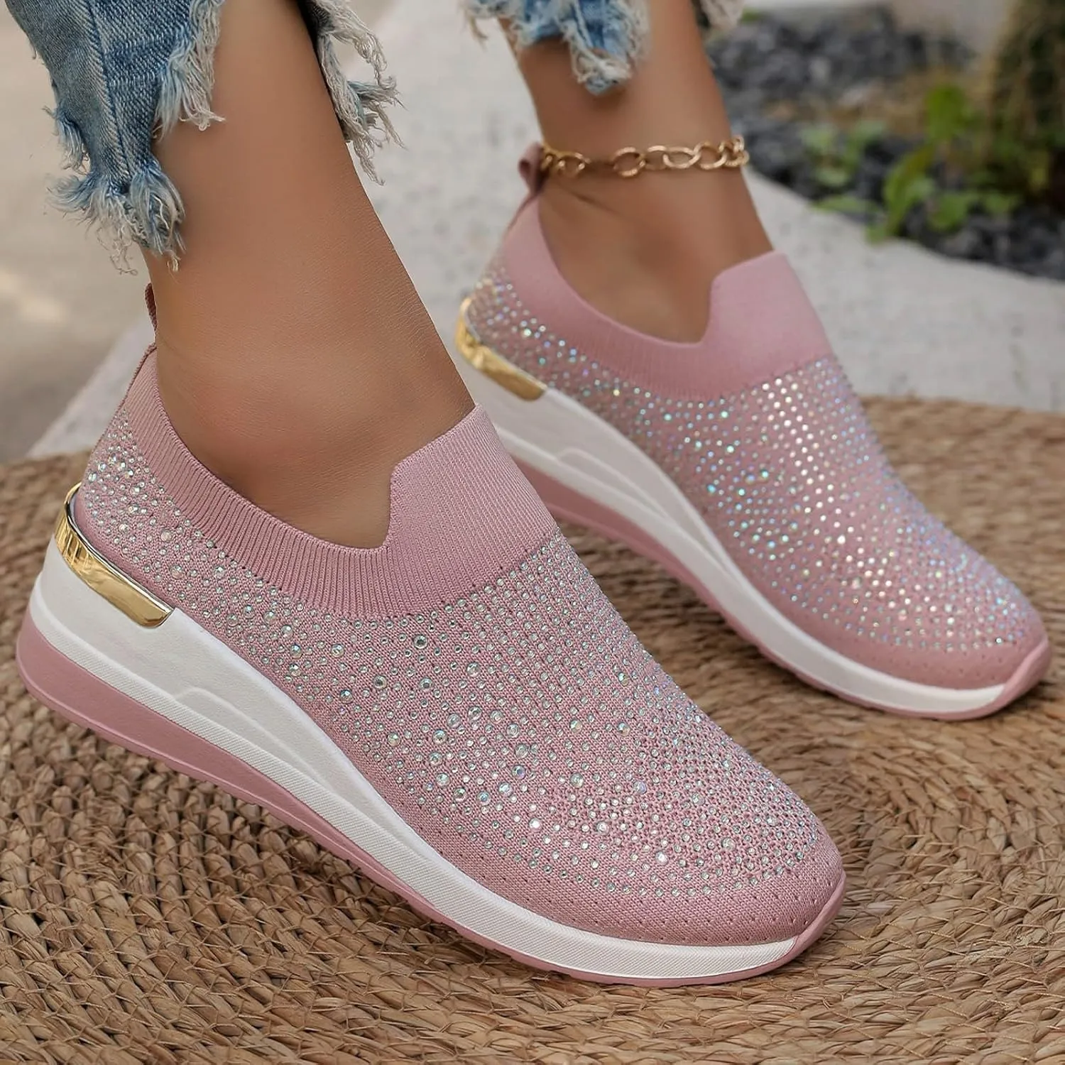 Rhinestone Sneakers for Women 2025,Women's Rhinestone Mesh Slip-On Walking Shoes Fashion Breathable Spakle Glitter Sneaker Orthopedic Wedge Lightweight Shoes Sparkly Bling Loafer