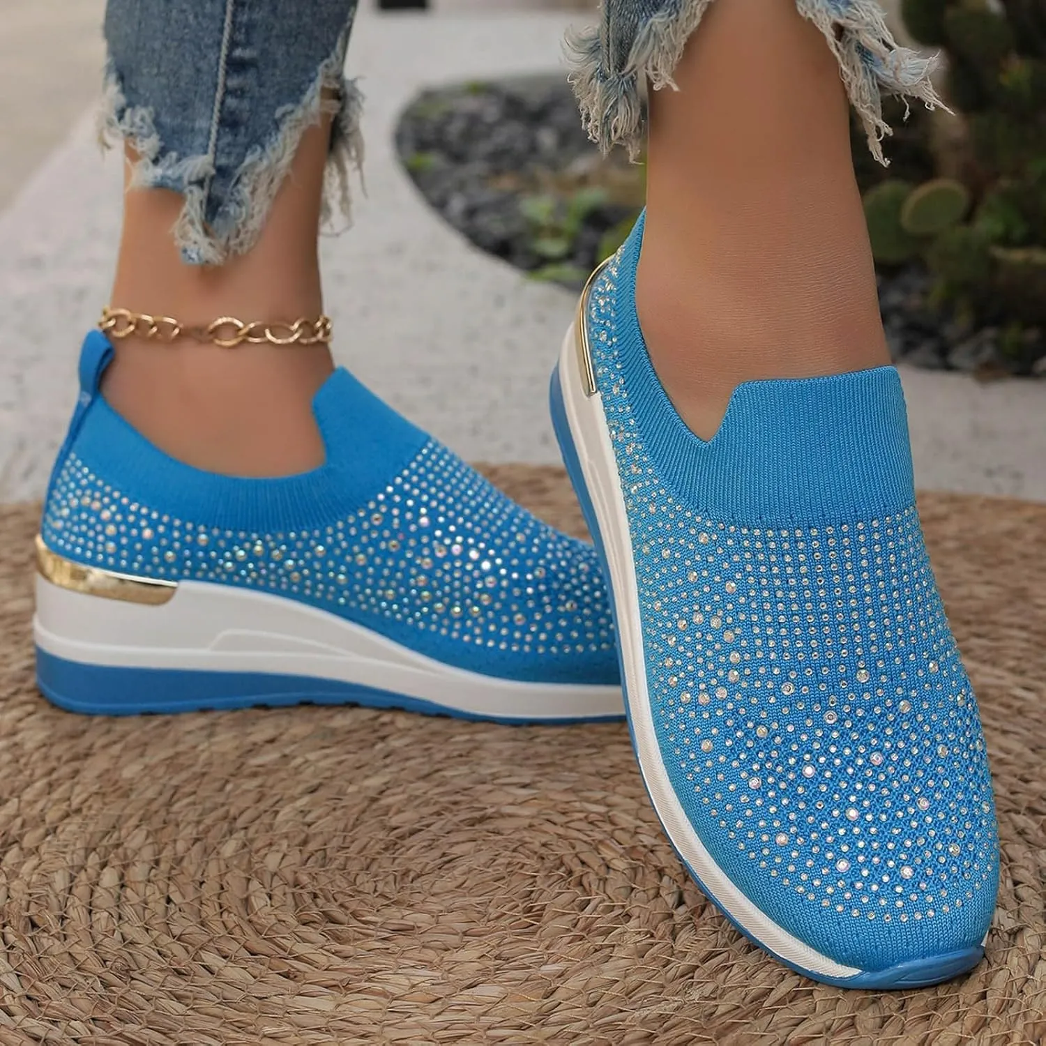 Rhinestone Sneakers for Women 2025,Women's Rhinestone Mesh Slip-On Walking Shoes Fashion Breathable Spakle Glitter Sneaker Orthopedic Wedge Lightweight Shoes Sparkly Bling Loafer