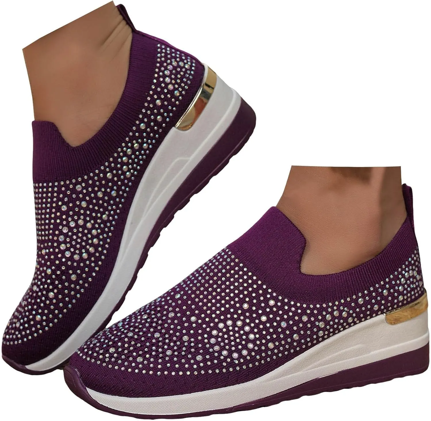 Rhinestone Sneakers for Women 2025,Women's Rhinestone Mesh Slip-On Walking Shoes Fashion Breathable Spakle Glitter Sneaker Orthopedic Wedge Lightweight Shoes Sparkly Bling Loafer