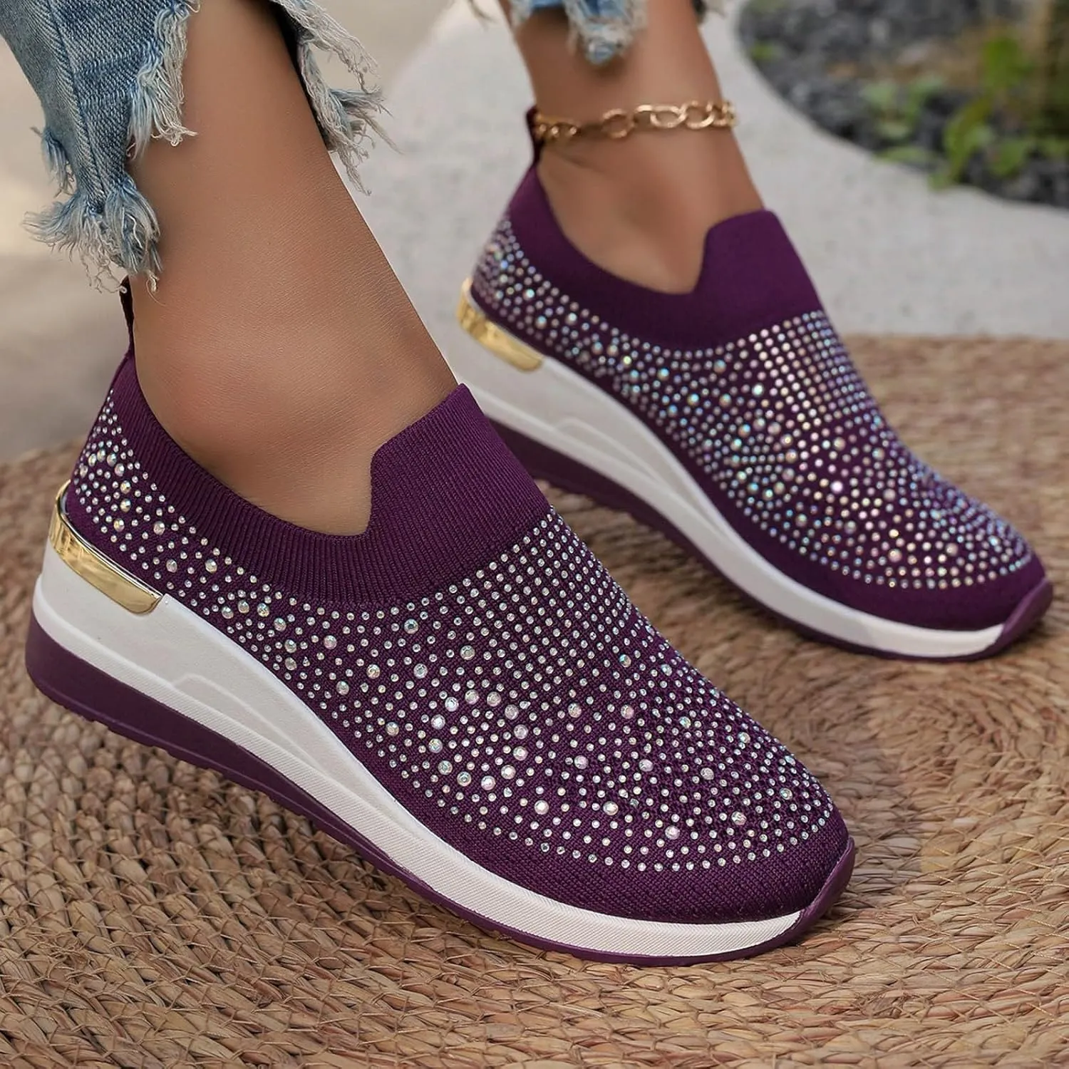 Rhinestone Sneakers for Women 2025,Women's Rhinestone Mesh Slip-On Walking Shoes Fashion Breathable Spakle Glitter Sneaker Orthopedic Wedge Lightweight Shoes Sparkly Bling Loafer