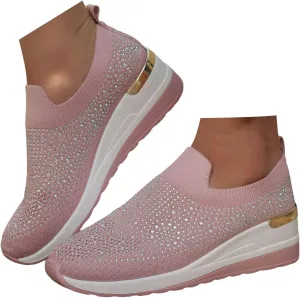 Rhinestone Sneakers for Women 2025,Women's Rhinestone Mesh Slip-On Walking Shoes Fashion Breathable Spakle Glitter Sneaker Orthopedic Wedge Lightweight Shoes Sparkly Bling Loafer
