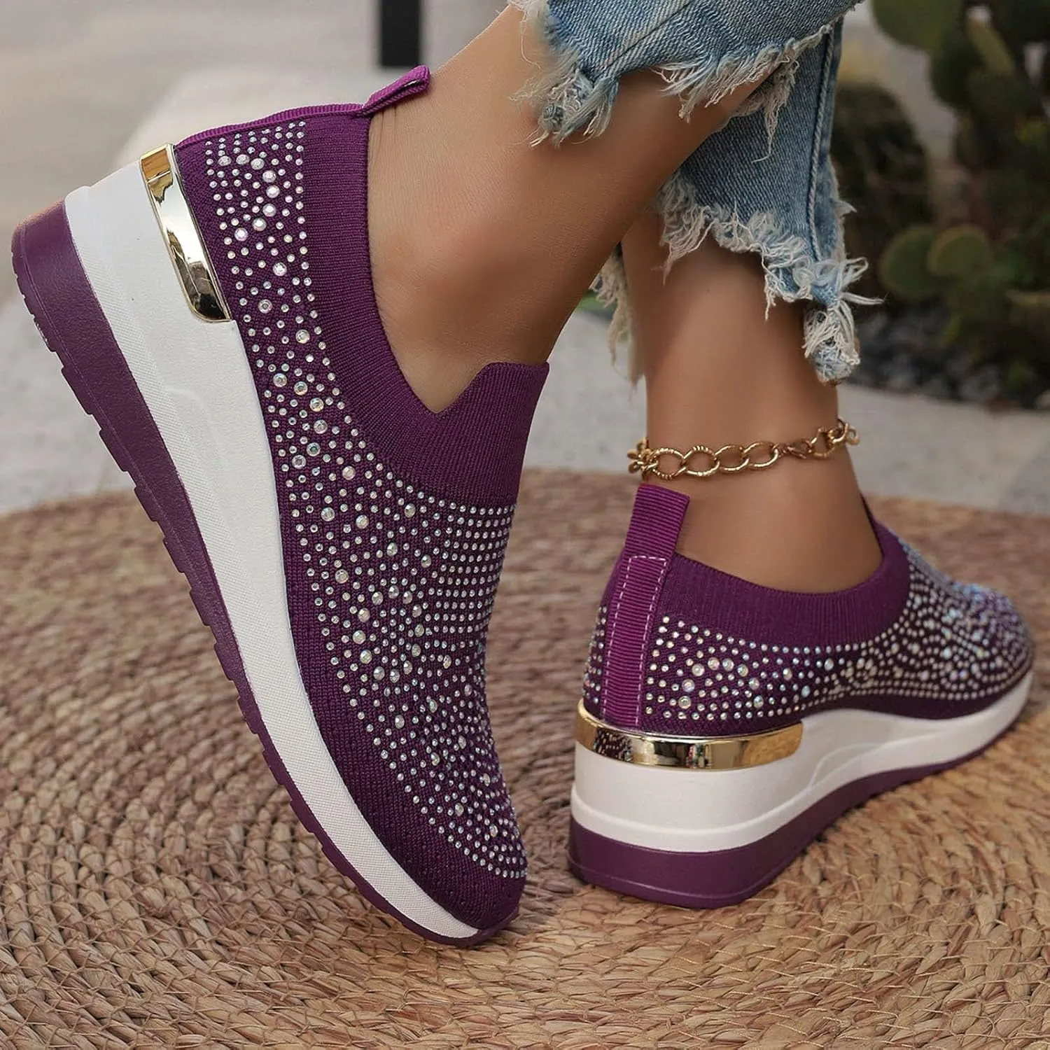 Rhinestone Sneakers for Women 2025,Women's Rhinestone Mesh Slip-On Walking Shoes Fashion Breathable Spakle Glitter Sneaker Orthopedic Wedge Lightweight Shoes Sparkly Bling Loafer