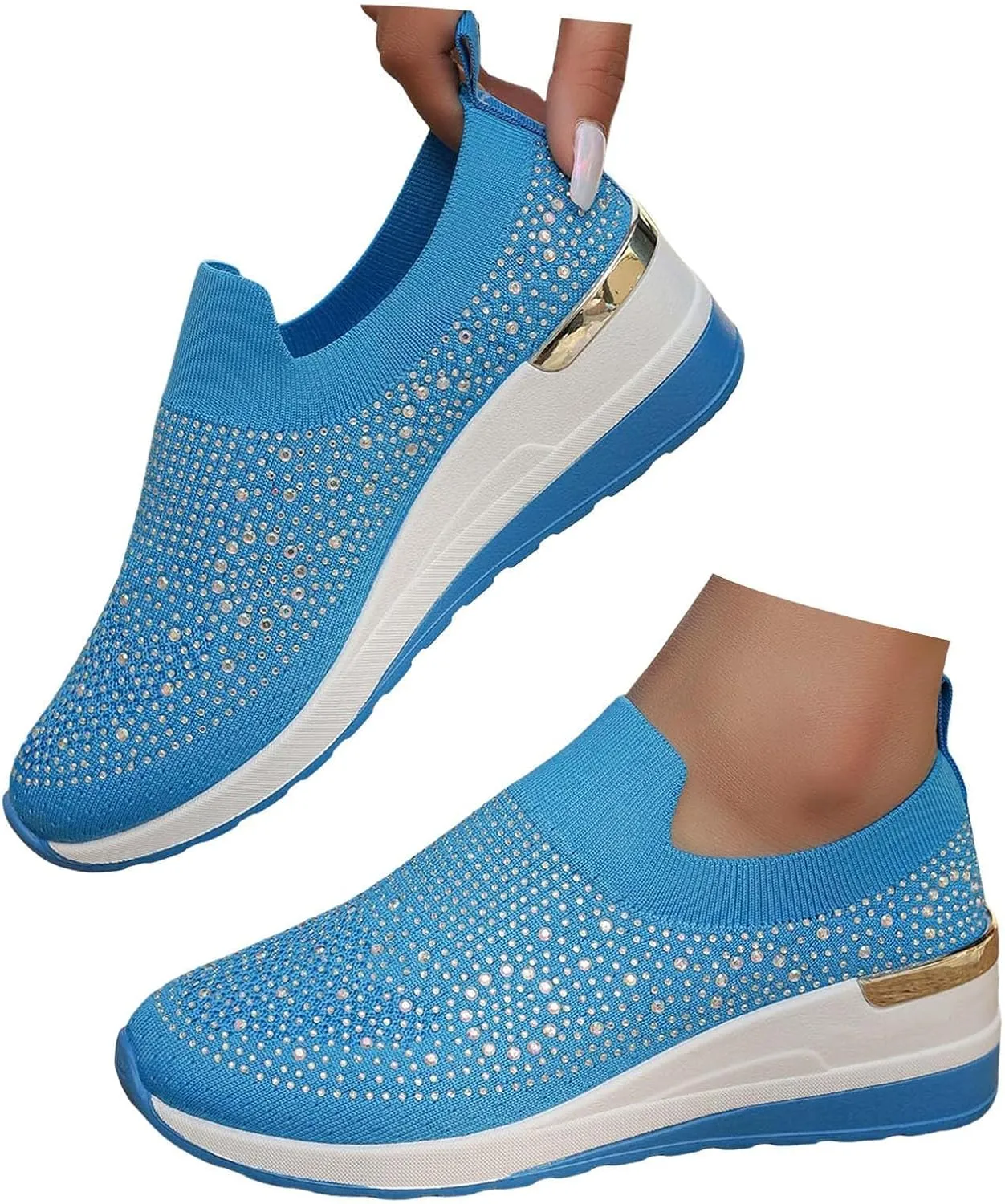Rhinestone Sneakers for Women 2025,Women's Rhinestone Mesh Slip-On Walking Shoes Fashion Breathable Spakle Glitter Sneaker Orthopedic Wedge Lightweight Shoes Sparkly Bling Loafer