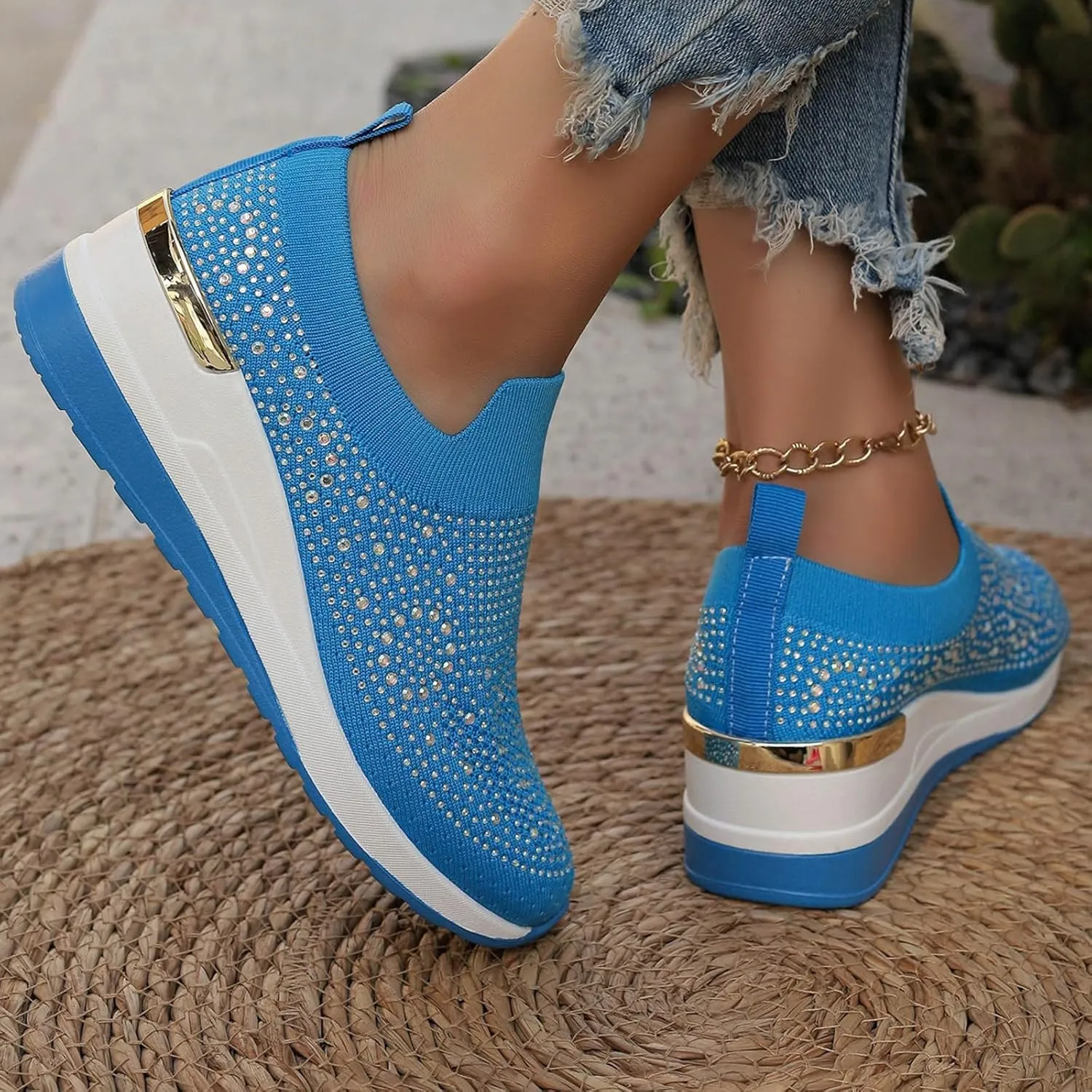 Rhinestone Sneakers for Women 2025,Women's Rhinestone Mesh Slip-On Walking Shoes Fashion Breathable Spakle Glitter Sneaker Orthopedic Wedge Lightweight Shoes Sparkly Bling Loafer