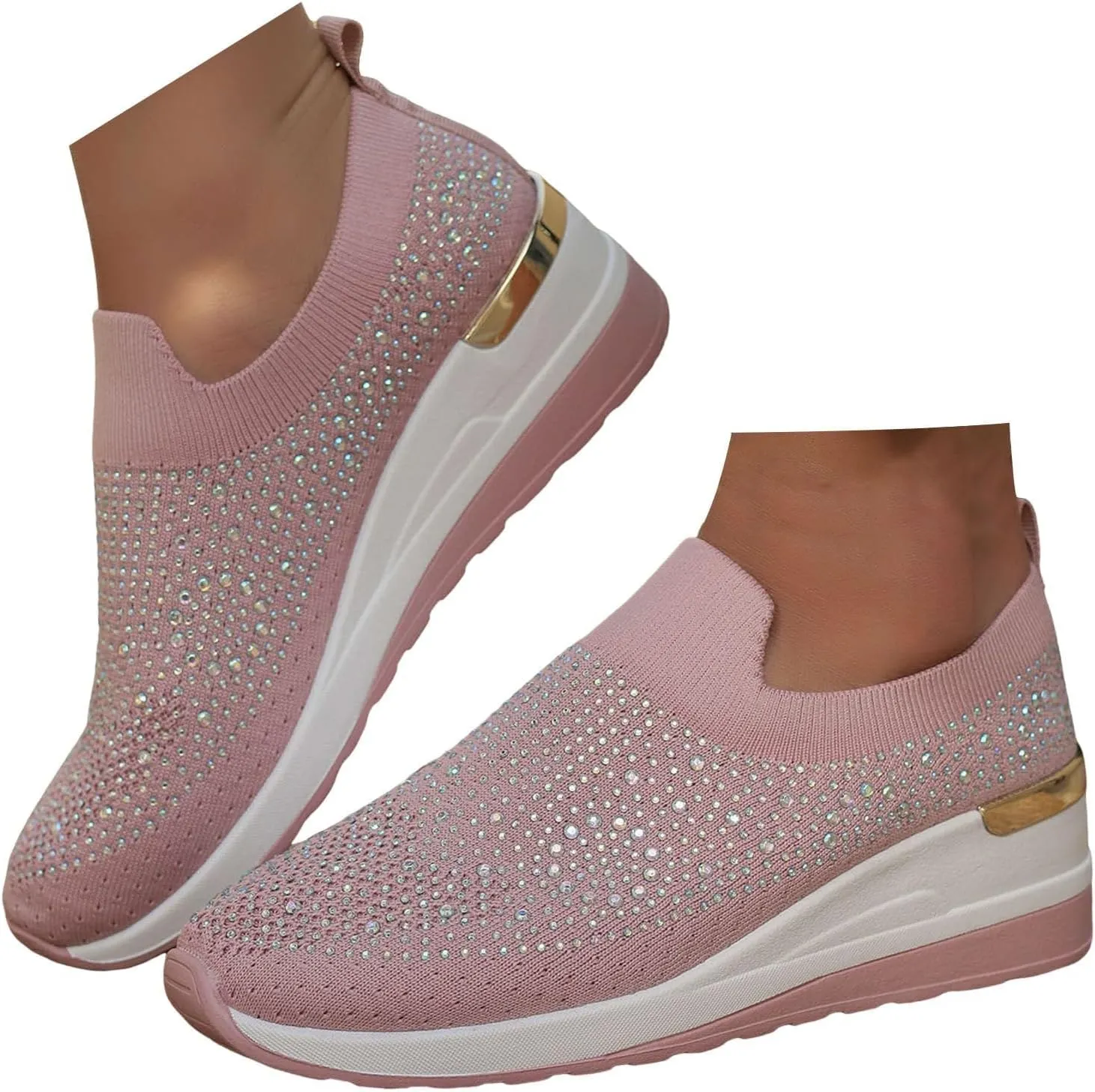 Rhinestone Sneakers for Women 2025,Women's Rhinestone Mesh Slip-On Walking Shoes Fashion Breathable Spakle Glitter Sneaker Orthopedic Wedge Lightweight Shoes Sparkly Bling Loafer