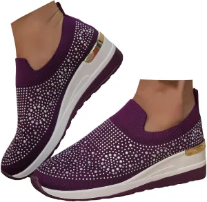 Rhinestone Sneakers for Women 2025,Women's Rhinestone Mesh Slip-On Walking Shoes Fashion Breathable Spakle Glitter Sneaker Orthopedic Wedge Lightweight Shoes Sparkly Bling Loafer