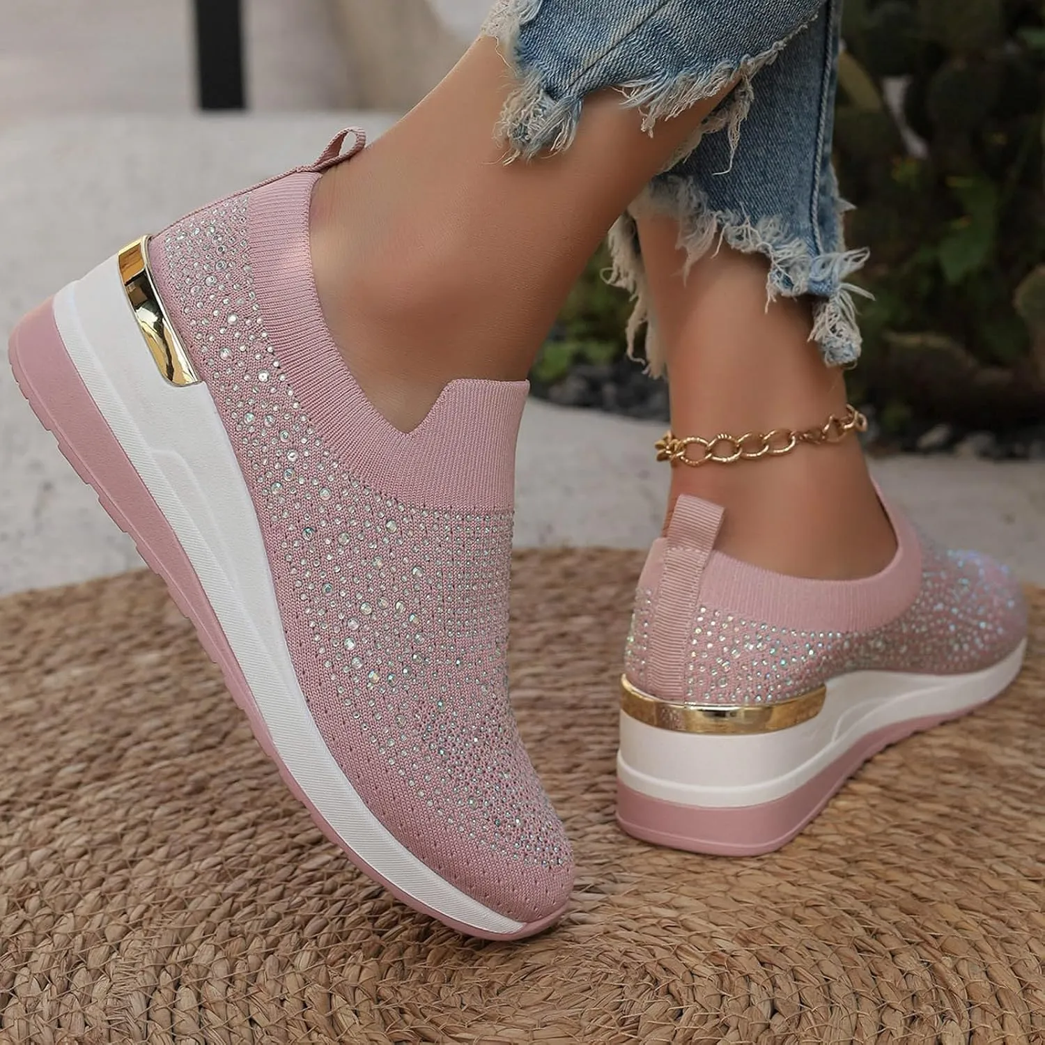 Rhinestone Sneakers for Women 2025,Women's Rhinestone Mesh Slip-On Walking Shoes Fashion Breathable Spakle Glitter Sneaker Orthopedic Wedge Lightweight Shoes Sparkly Bling Loafer