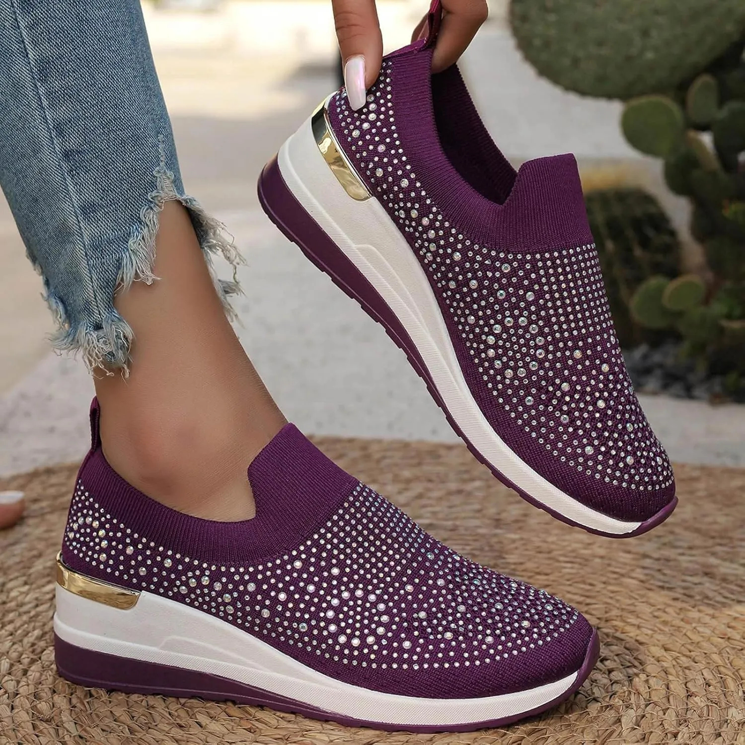 Rhinestone Sneakers for Women 2025,Women's Rhinestone Mesh Slip-On Walking Shoes Fashion Breathable Spakle Glitter Sneaker Orthopedic Wedge Lightweight Shoes Sparkly Bling Loafer