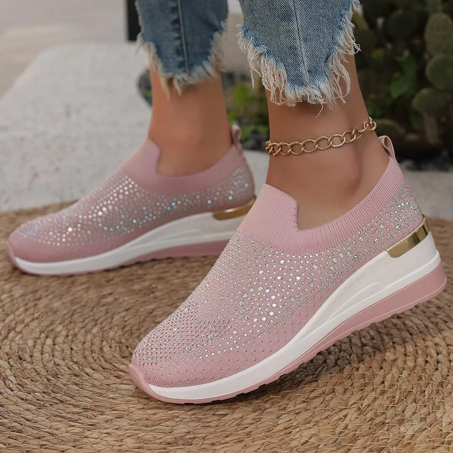 Rhinestone Sneakers for Women 2025,Women's Rhinestone Mesh Slip-On Walking Shoes Fashion Breathable Spakle Glitter Sneaker Orthopedic Wedge Lightweight Shoes Sparkly Bling Loafer