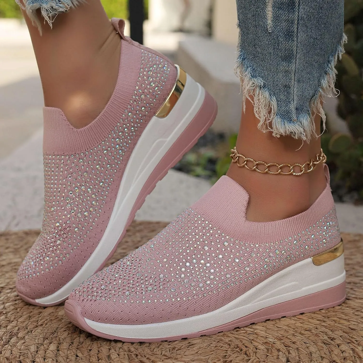 Rhinestone Sneakers for Women 2025,Women's Rhinestone Mesh Slip-On Walking Shoes Fashion Breathable Spakle Glitter Sneaker Orthopedic Wedge Lightweight Shoes Sparkly Bling Loafer