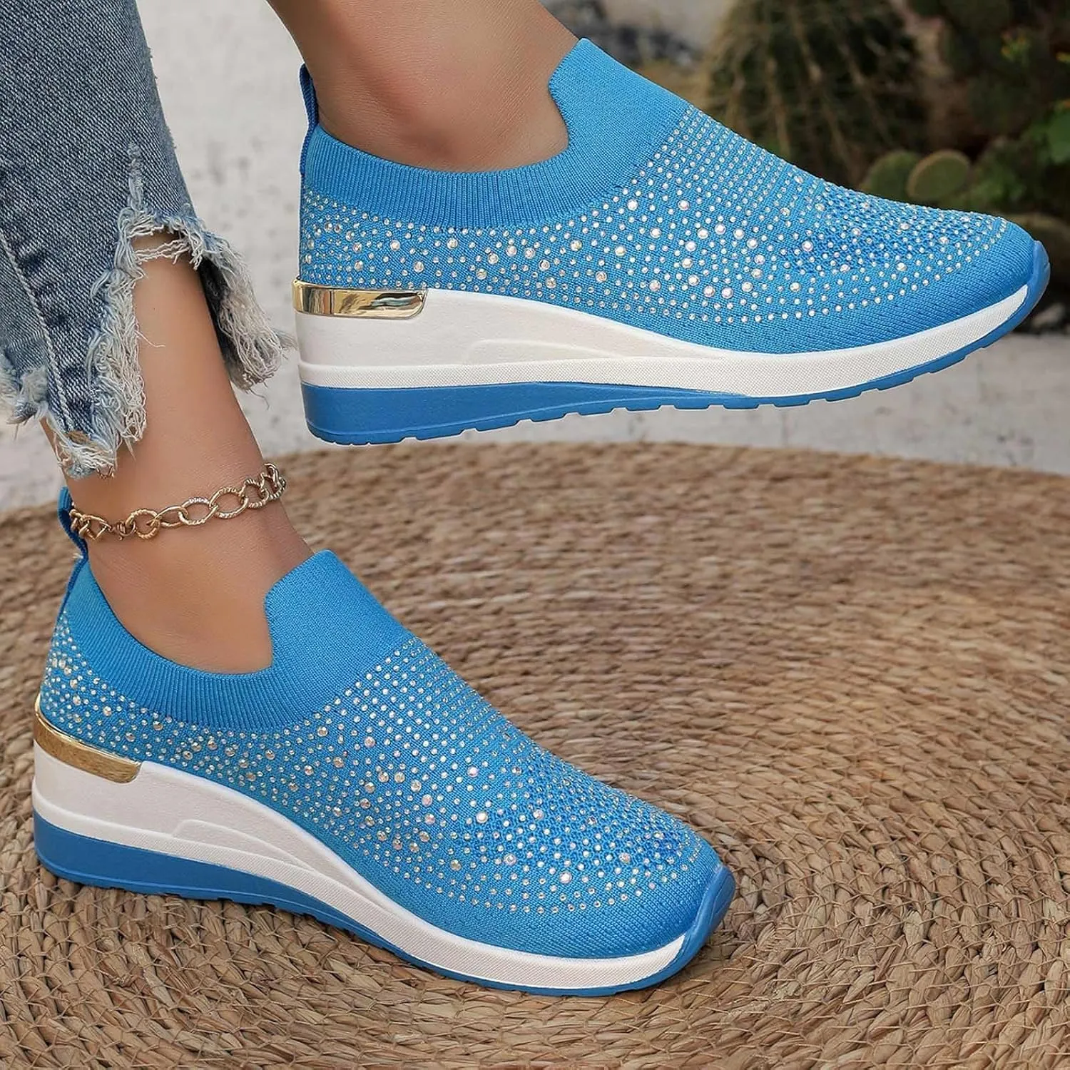 Rhinestone Sneakers for Women 2025,Women's Rhinestone Mesh Slip-On Walking Shoes Fashion Breathable Spakle Glitter Sneaker Orthopedic Wedge Lightweight Shoes Sparkly Bling Loafer