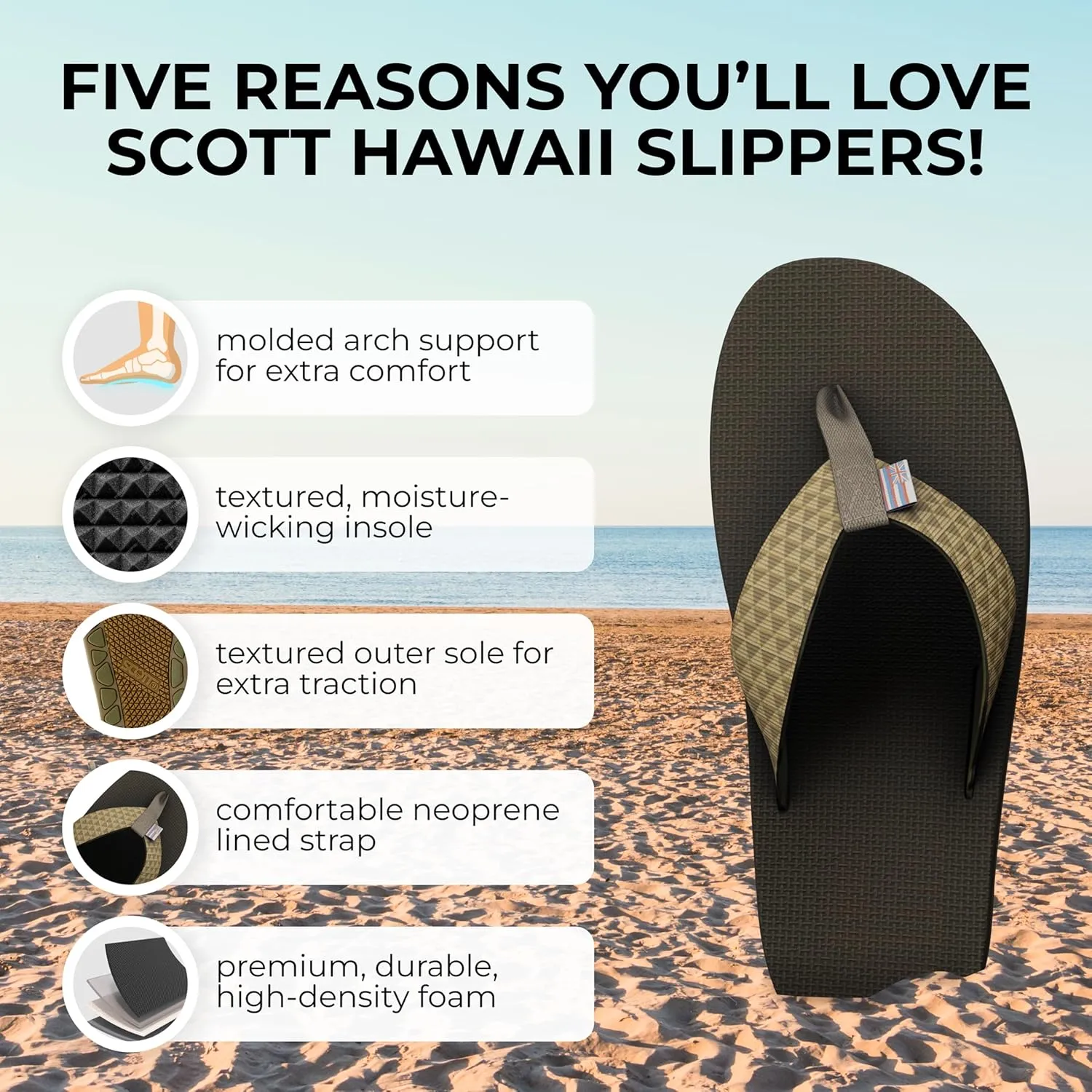 Scott Hawaii Men's Manoa Sandal | All Terrain Tread Outsole | Molded Arch With Heel Cup | Neoprene Lined Strap For All Day Comfort | Hiking Flip Flop