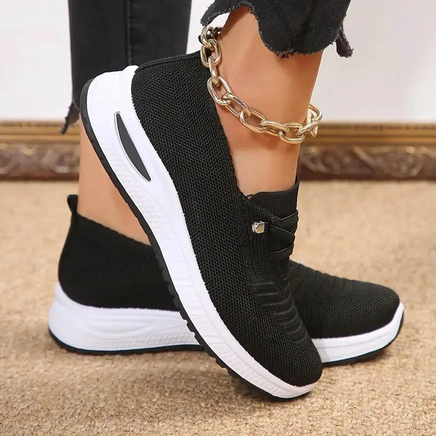 Slip On Orthopedic Shoes for Women Breathable Slip On Arch Support Non-Slip Sneakers Mesh Knitted Woven Low Top Walking Shoes Wide Width Soft Sole Shoe