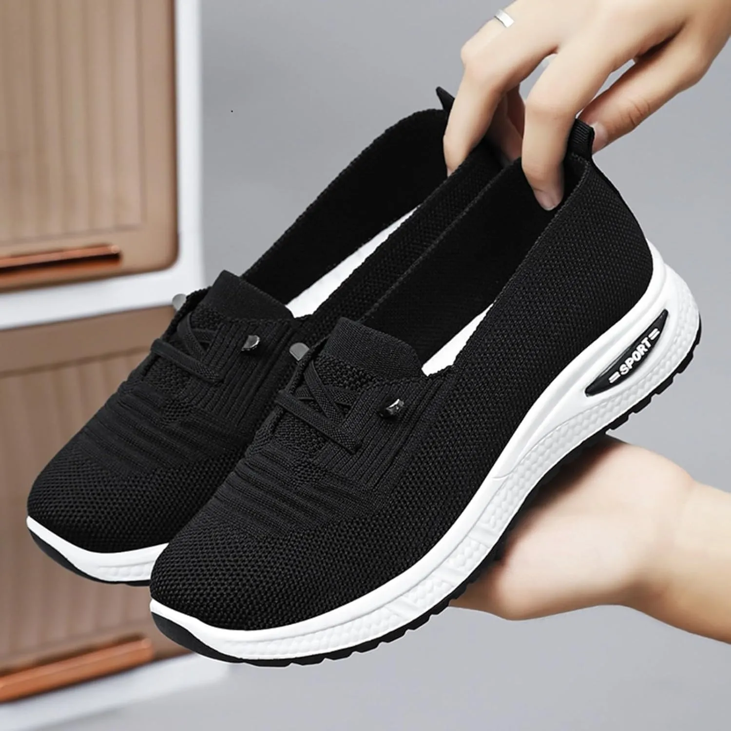 Slip On Orthopedic Shoes for Women Breathable Slip On Arch Support Non-Slip Sneakers Mesh Knitted Woven Low Top Walking Shoes Wide Width Soft Sole Shoe