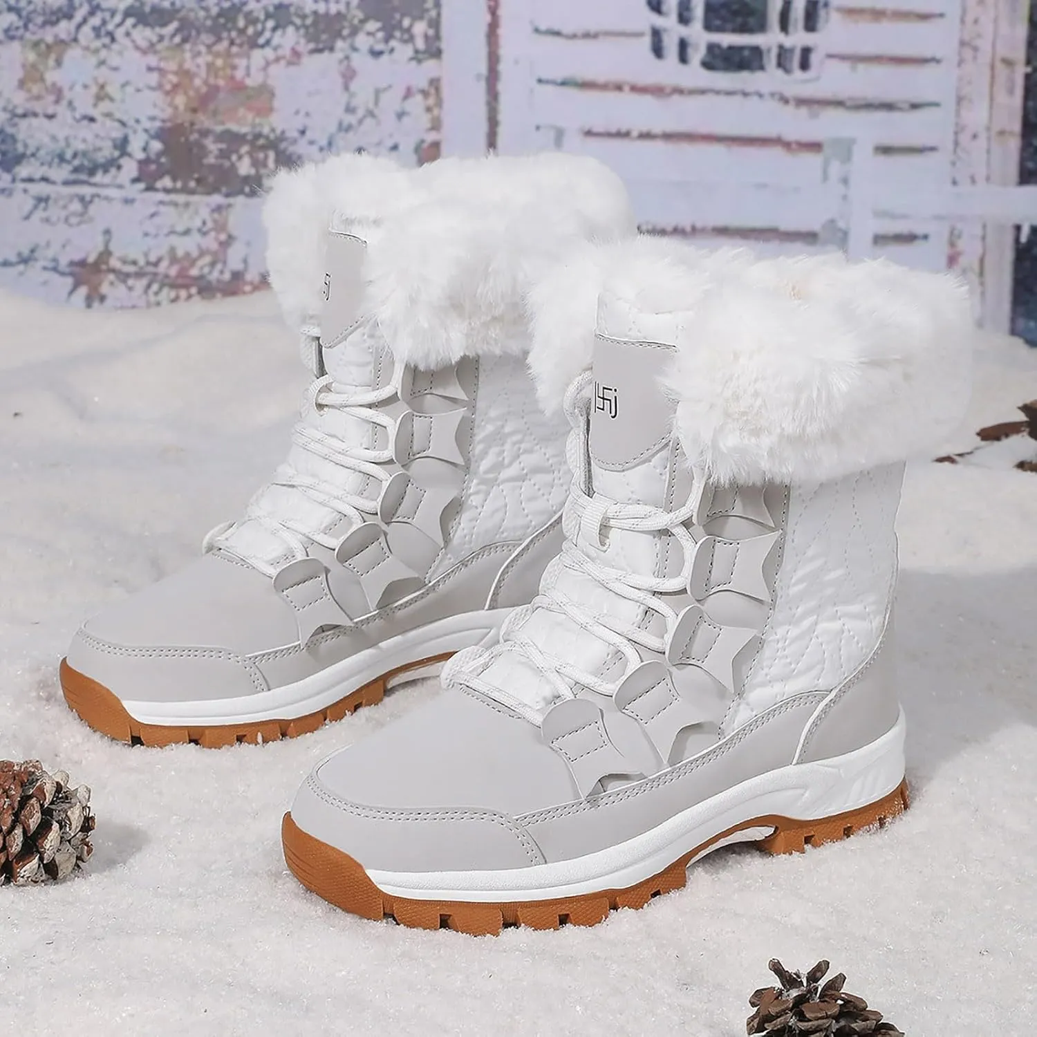 Snow Boots for Women Winter Thick Bottom Non Slip Boots Plus Velvet Warm Boots Lace Up Mid Calf Snow Rain Boots