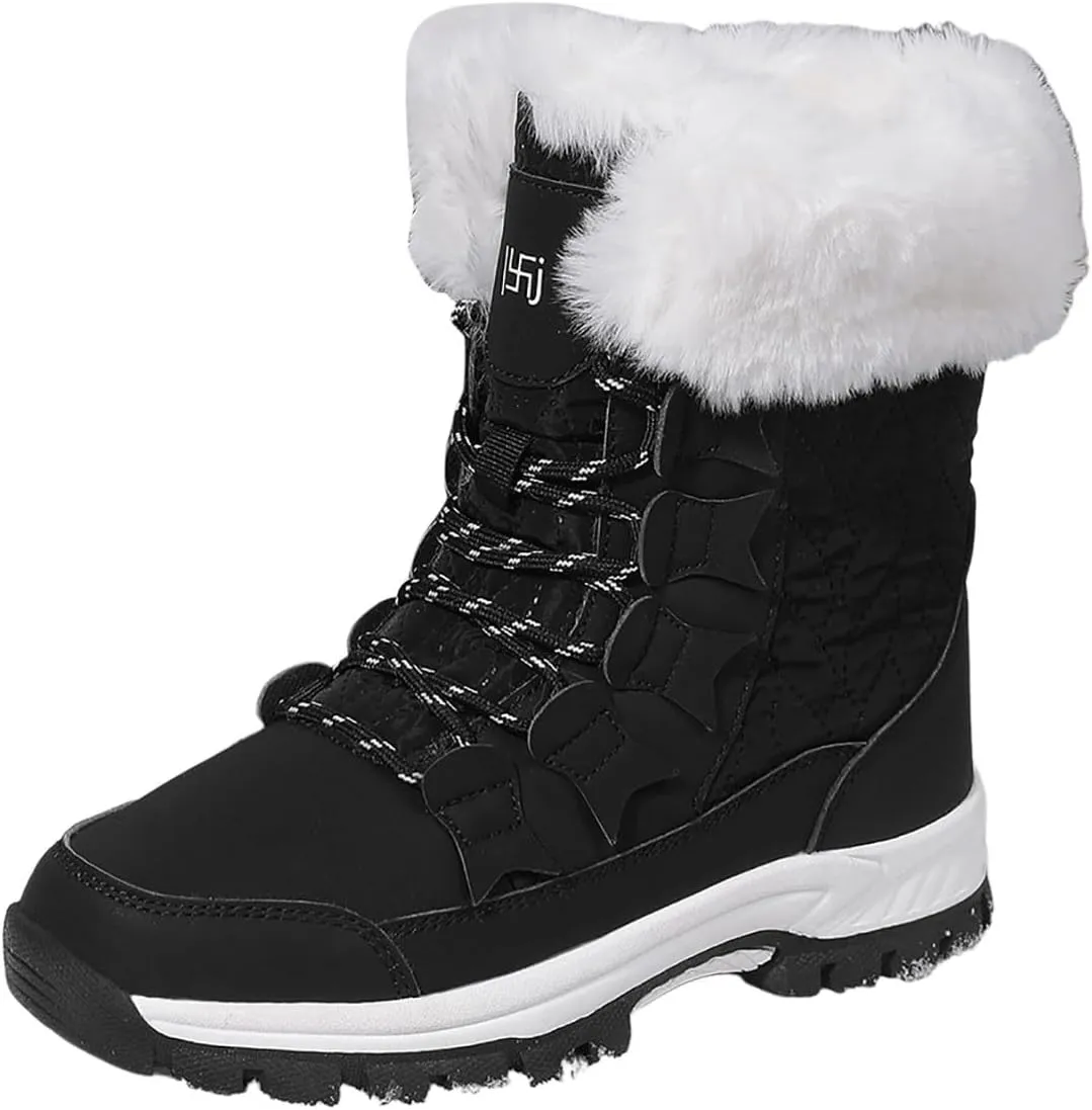 Snow Boots for Women Winter Thick Bottom Non Slip Boots Plus Velvet Warm Boots Lace Up Mid Calf Snow Rain Boots