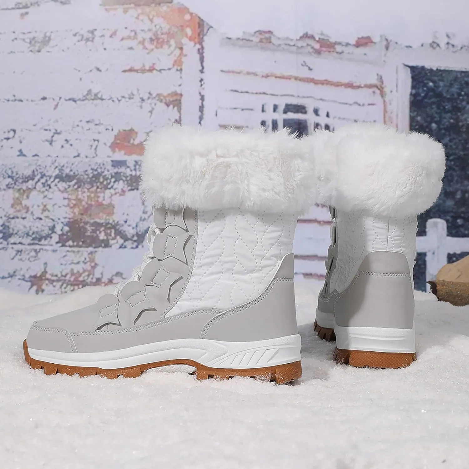 Snow Boots for Women Winter Thick Bottom Non Slip Boots Plus Velvet Warm Boots Lace Up Mid Calf Snow Rain Boots