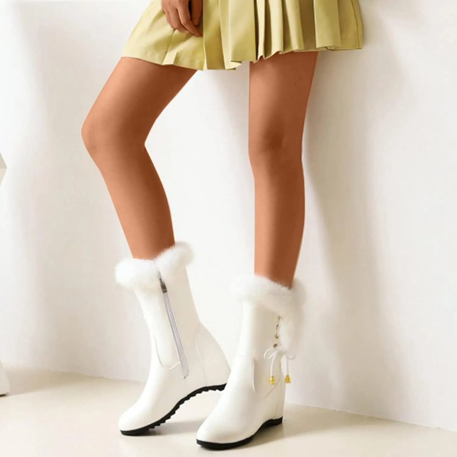Solid Leather Boots for Women Plush Side Zipper Wedge Boots Water Proof Winter Wide Width Snow Boots for Women