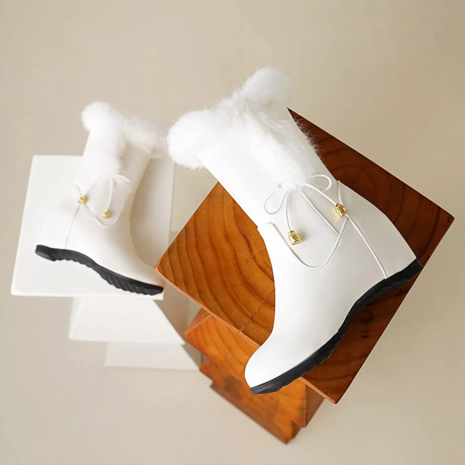 Solid Leather Boots for Women Plush Side Zipper Wedge Boots Water Proof Winter Wide Width Snow Boots for Women