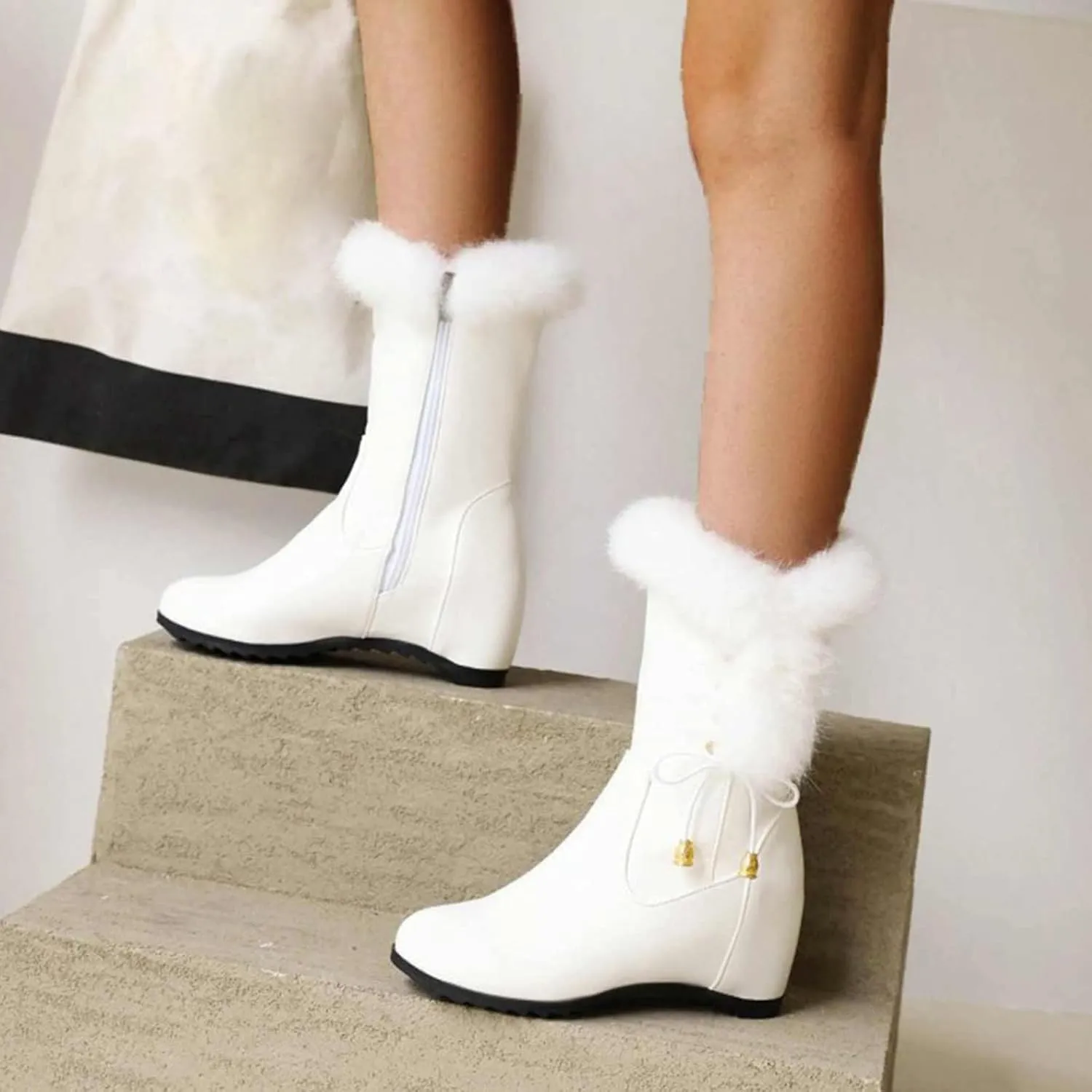 Solid Leather Boots for Women Plush Side Zipper Wedge Boots Water Proof Winter Wide Width Snow Boots for Women