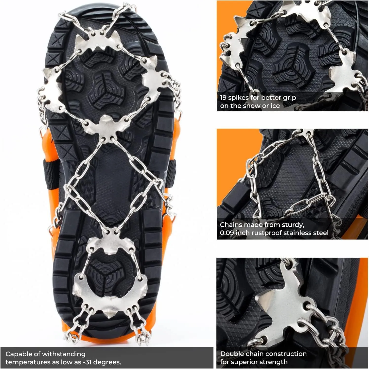 Sportneer Crampons, Traction Cleats Ice Snow Grips with 19 Stainless Steel Spikes, Ice Cleats Traction Snow Grips for Boots Shoes, Crampons Ice Cleats for Women Men Hiking Jogging Climbing And Fishing