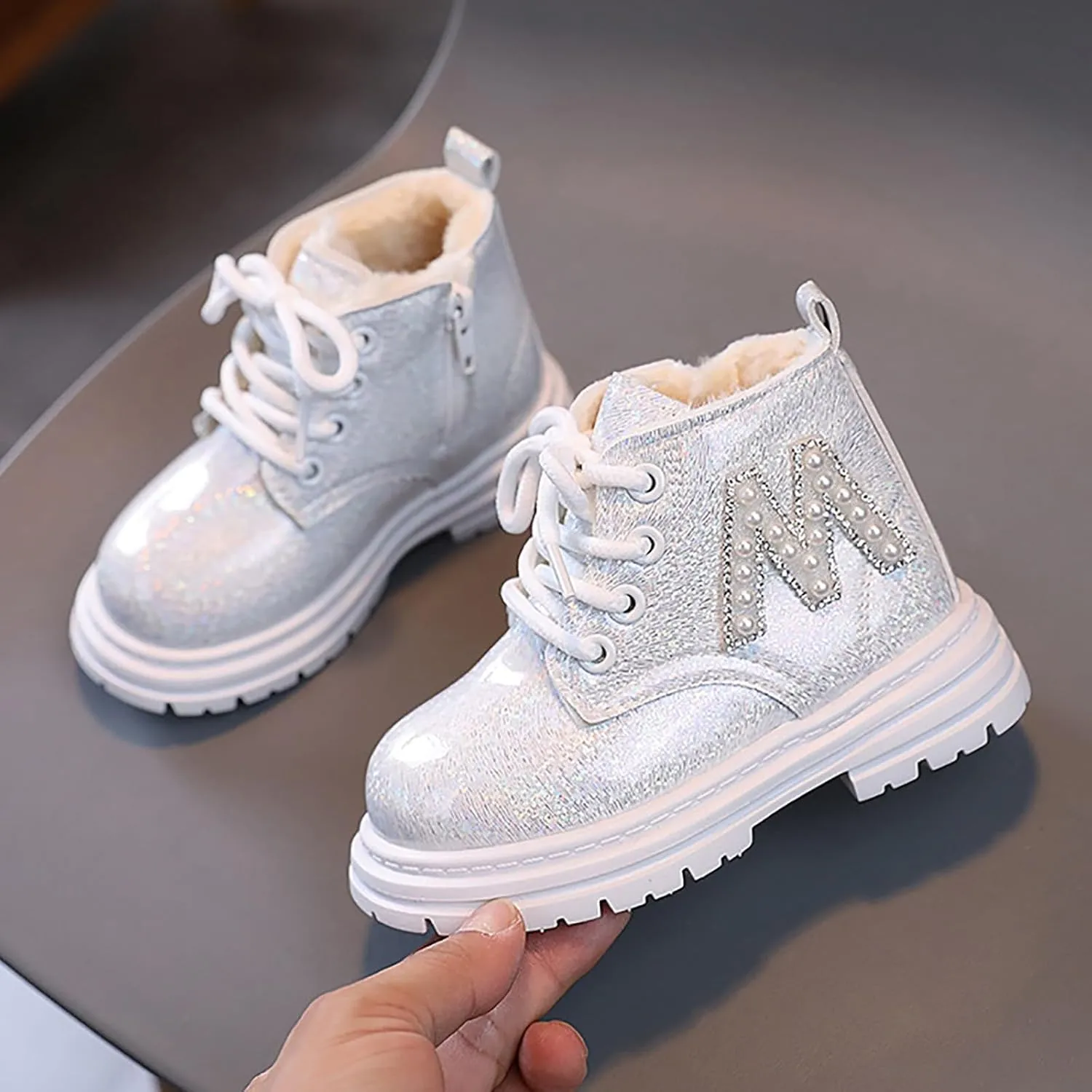 Toddler Winter Boots Little Girls Sparkling Fleece Lined Outdoor Shoes Lace Up Zipper Pearl Glitter Ankle Boot Shoes