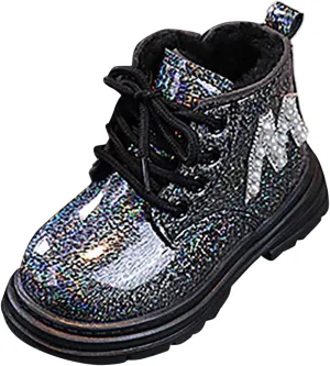 Toddler Winter Boots Little Girls Sparkling Fleece Lined Outdoor Shoes Lace Up Zipper Pearl Glitter Ankle Boot Shoes