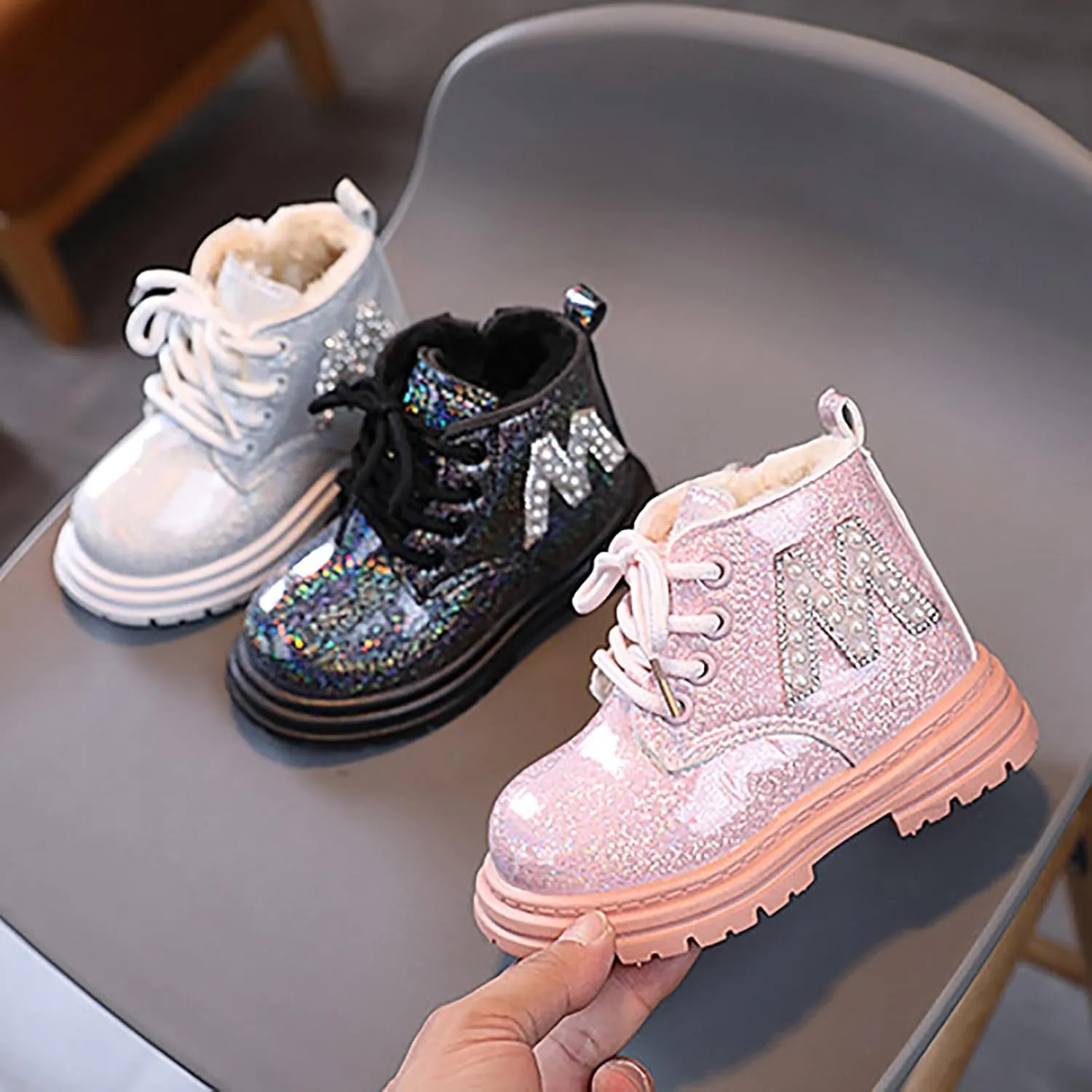 Toddler Winter Boots Little Girls Sparkling Fleece Lined Outdoor Shoes Lace Up Zipper Pearl Glitter Ankle Boot Shoes