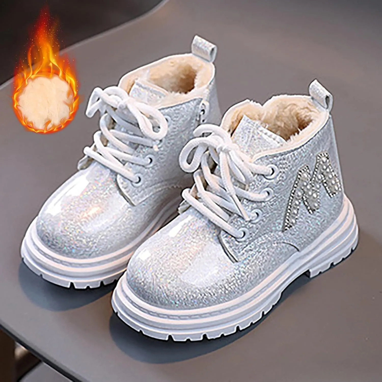 Toddler Winter Boots Little Girls Sparkling Fleece Lined Outdoor Shoes Lace Up Zipper Pearl Glitter Ankle Boot Shoes