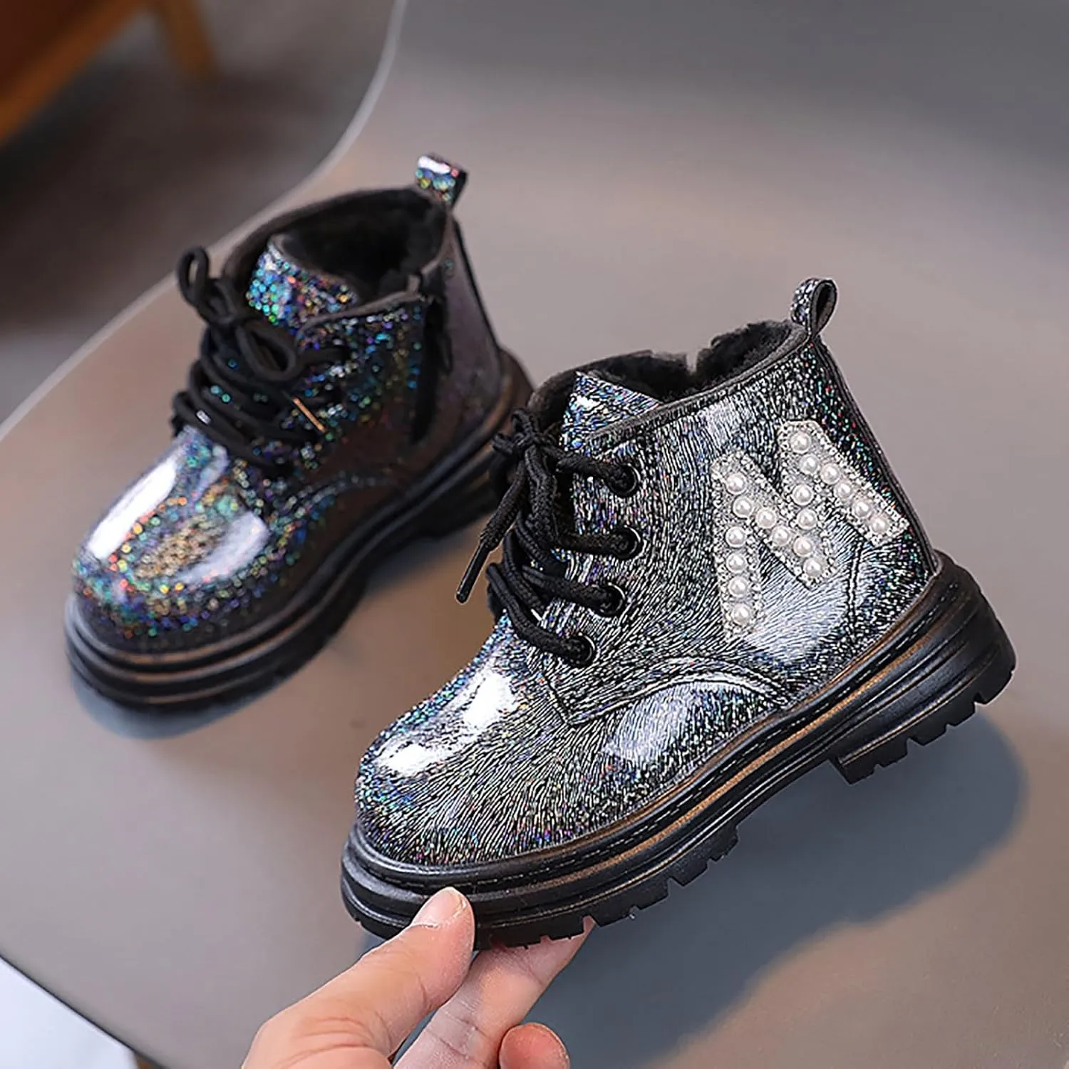 Toddler Winter Boots Little Girls Sparkling Fleece Lined Outdoor Shoes Lace Up Zipper Pearl Glitter Ankle Boot Shoes
