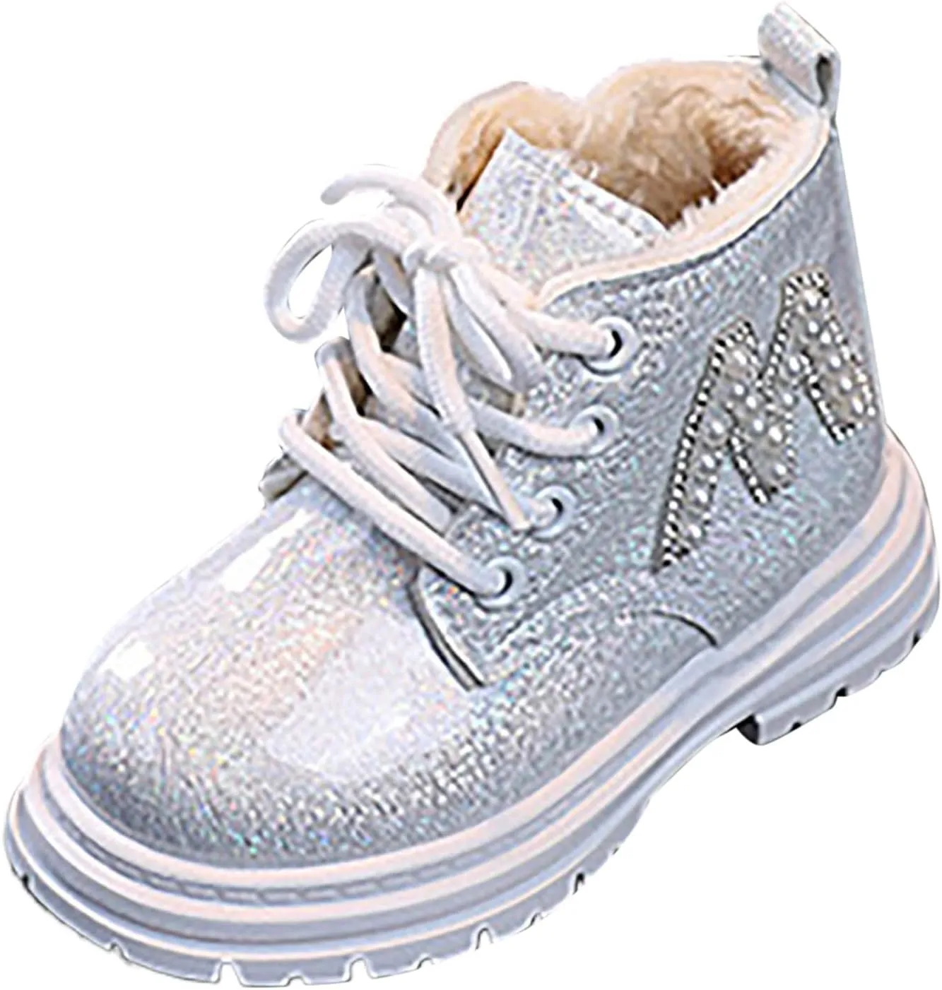 Toddler Winter Boots Little Girls Sparkling Fleece Lined Outdoor Shoes Lace Up Zipper Pearl Glitter Ankle Boot Shoes
