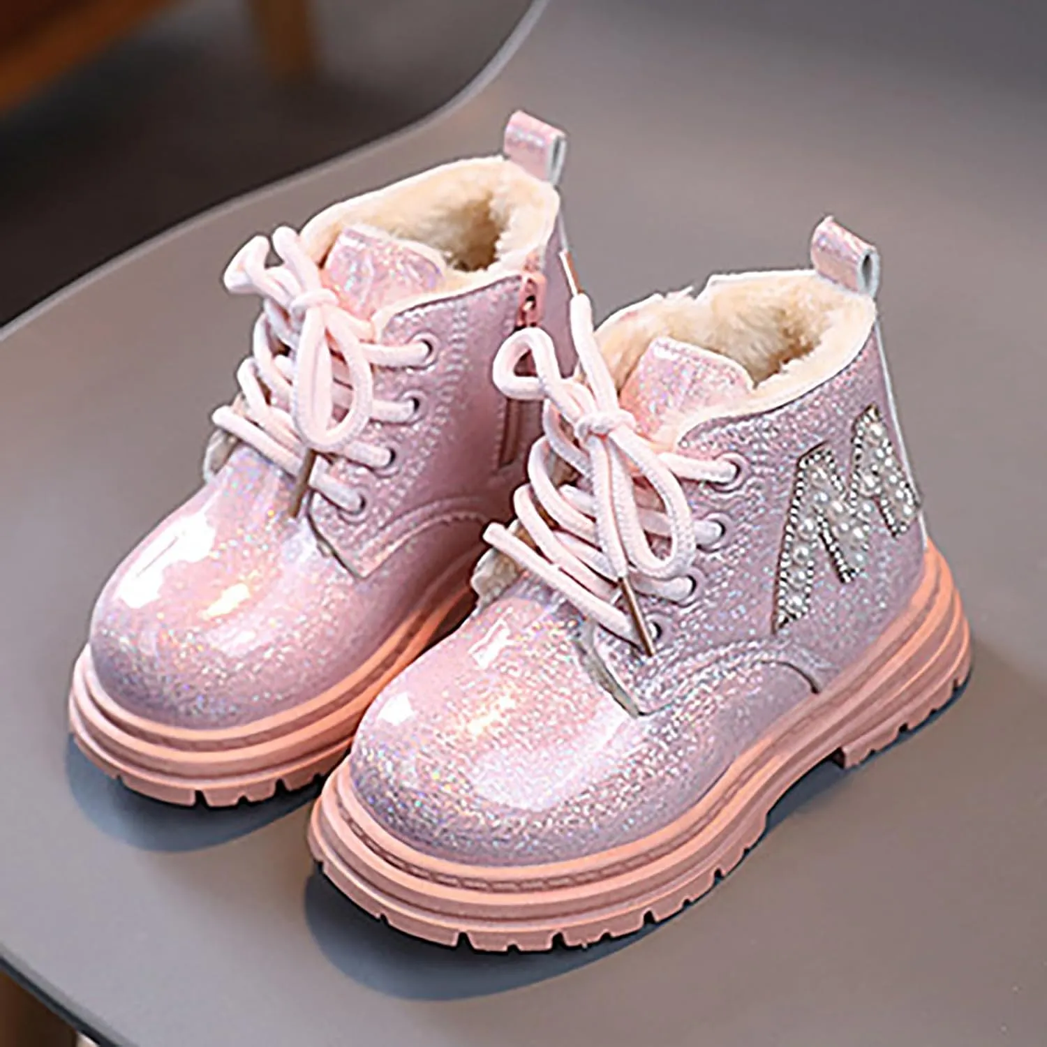 Toddler Winter Boots Little Girls Sparkling Fleece Lined Outdoor Shoes Lace Up Zipper Pearl Glitter Ankle Boot Shoes