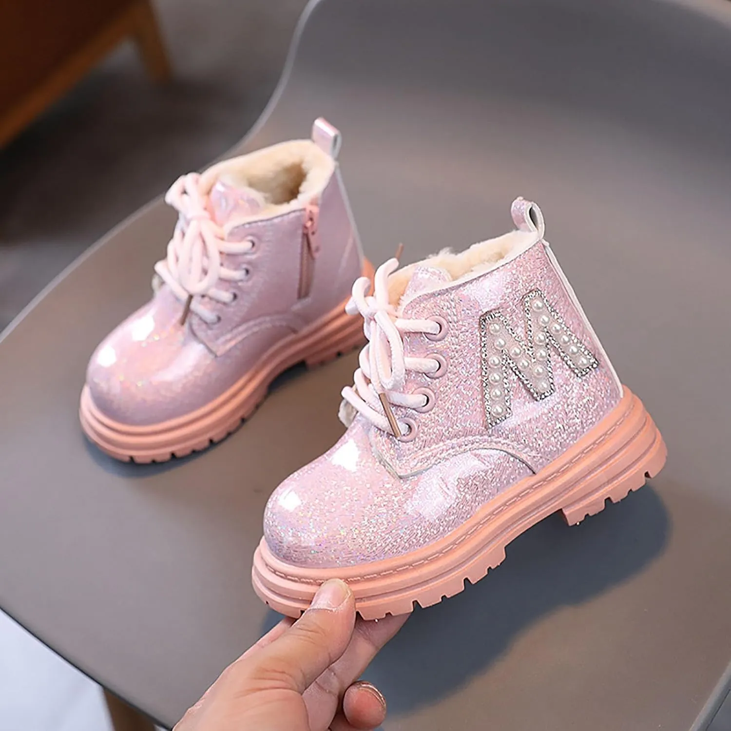 Toddler Winter Boots Little Girls Sparkling Fleece Lined Outdoor Shoes Lace Up Zipper Pearl Glitter Ankle Boot Shoes