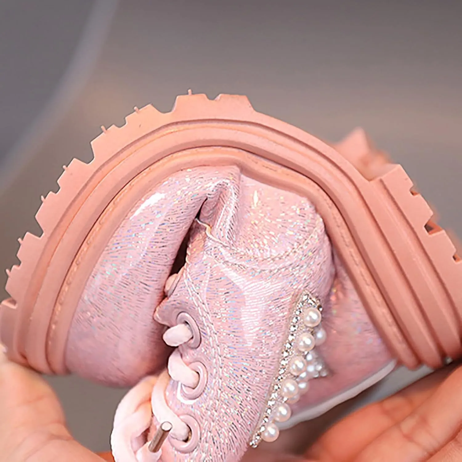 Toddler Winter Boots Little Girls Sparkling Fleece Lined Outdoor Shoes Lace Up Zipper Pearl Glitter Ankle Boot Shoes