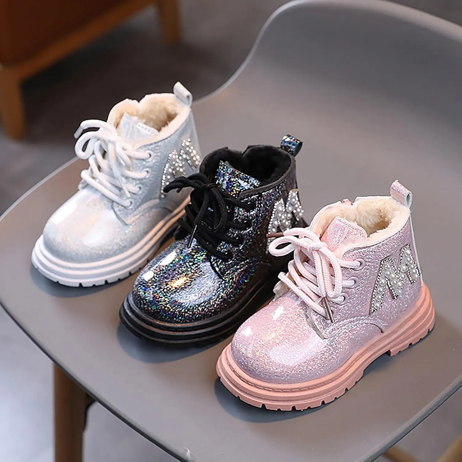 Toddler Winter Boots Little Girls Sparkling Fleece Lined Outdoor Shoes Lace Up Zipper Pearl Glitter Ankle Boot Shoes