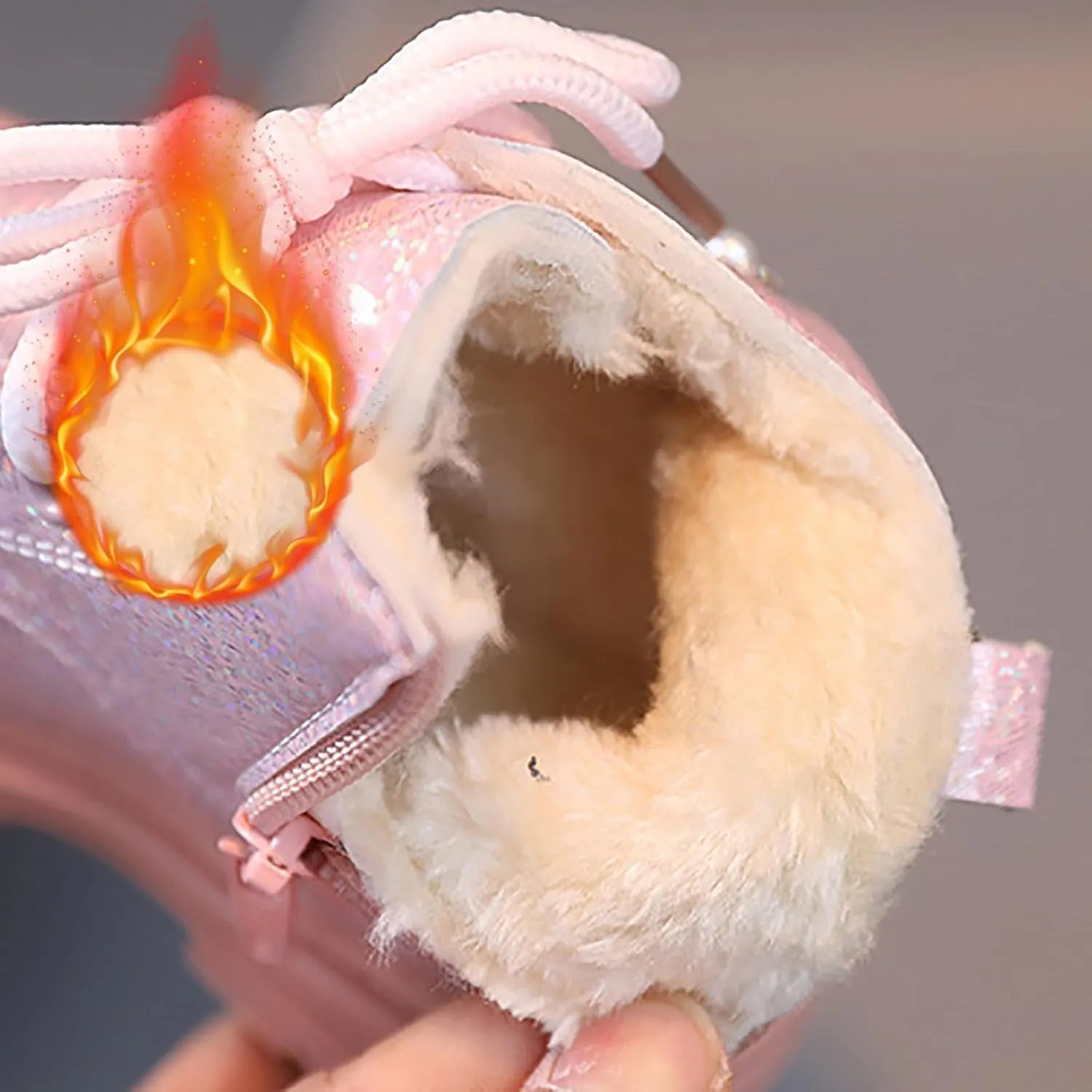 Toddler Winter Boots Little Girls Sparkling Fleece Lined Outdoor Shoes Lace Up Zipper Pearl Glitter Ankle Boot Shoes