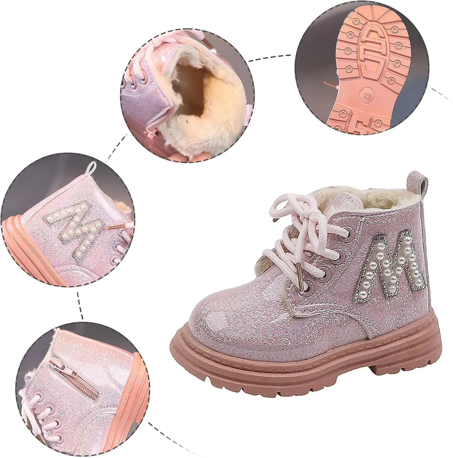 Toddler Winter Boots Little Girls Sparkling Fleece Lined Outdoor Shoes Lace Up Zipper Pearl Glitter Ankle Boot Shoes
