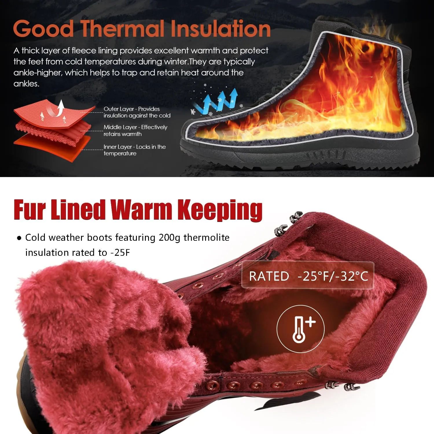 ulogu Snow Boots for Men WomenInsulated Waterproof Fur Lined BootiesNon Slip Lightweight Winter Shoes